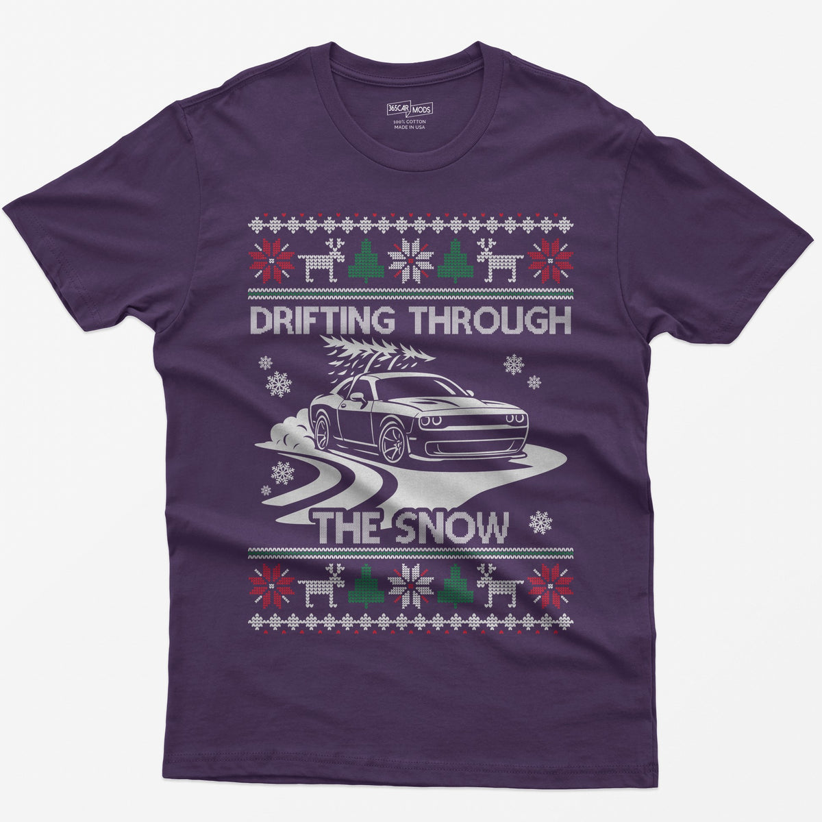 Purple t-shirt with a Drifting Through the Snow ugly Christmas print: a widebody muscle coupe with a tree on the roof drifting through the snow