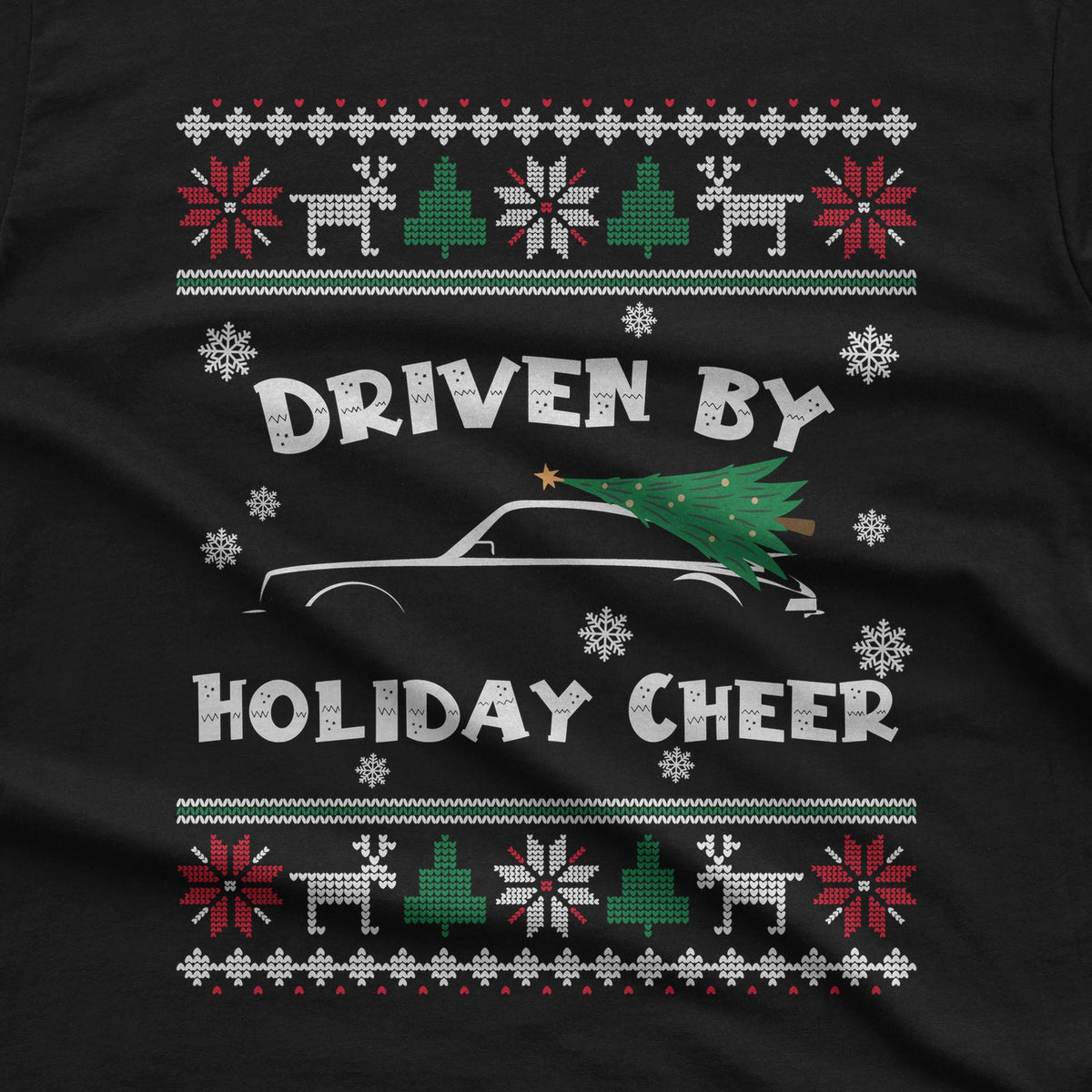 Driven by Holiday Cheer Sports Car Christmas T-Shirt design close-up