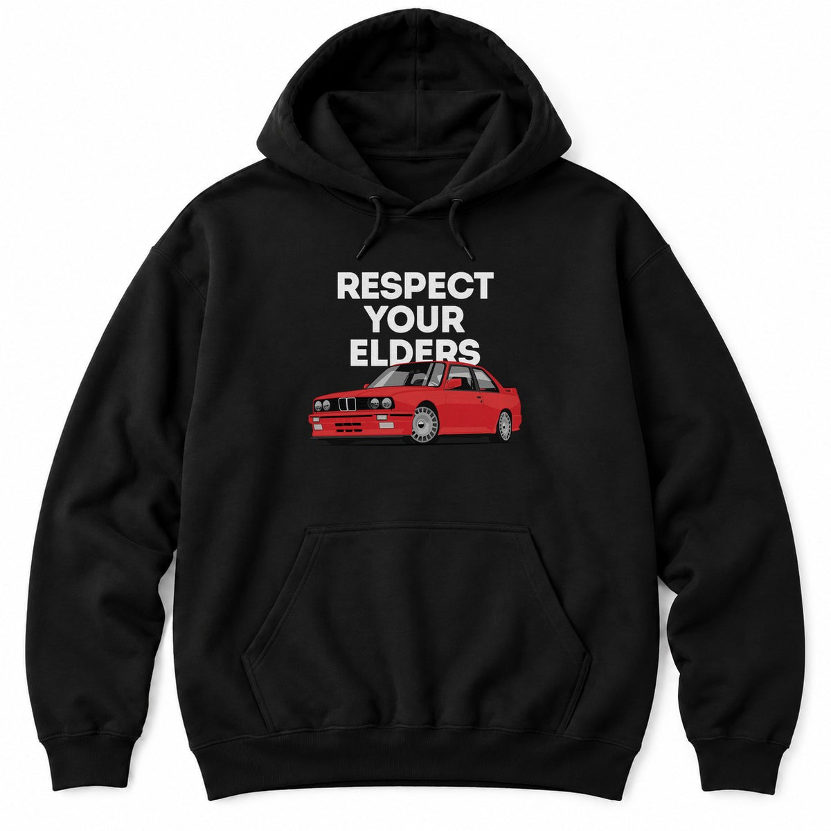 Black hoodie with RESPECT YOUR ELDERS in big white letters above a red classic European sports coupe illustration