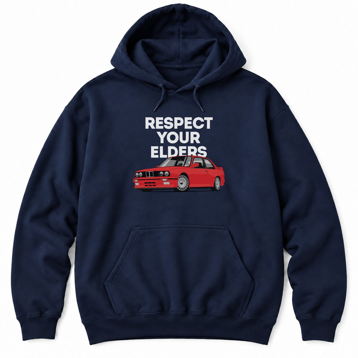 Navy hoodie with RESPECT YOUR ELDERS in big white letters above a red classic European sports coupe illustration