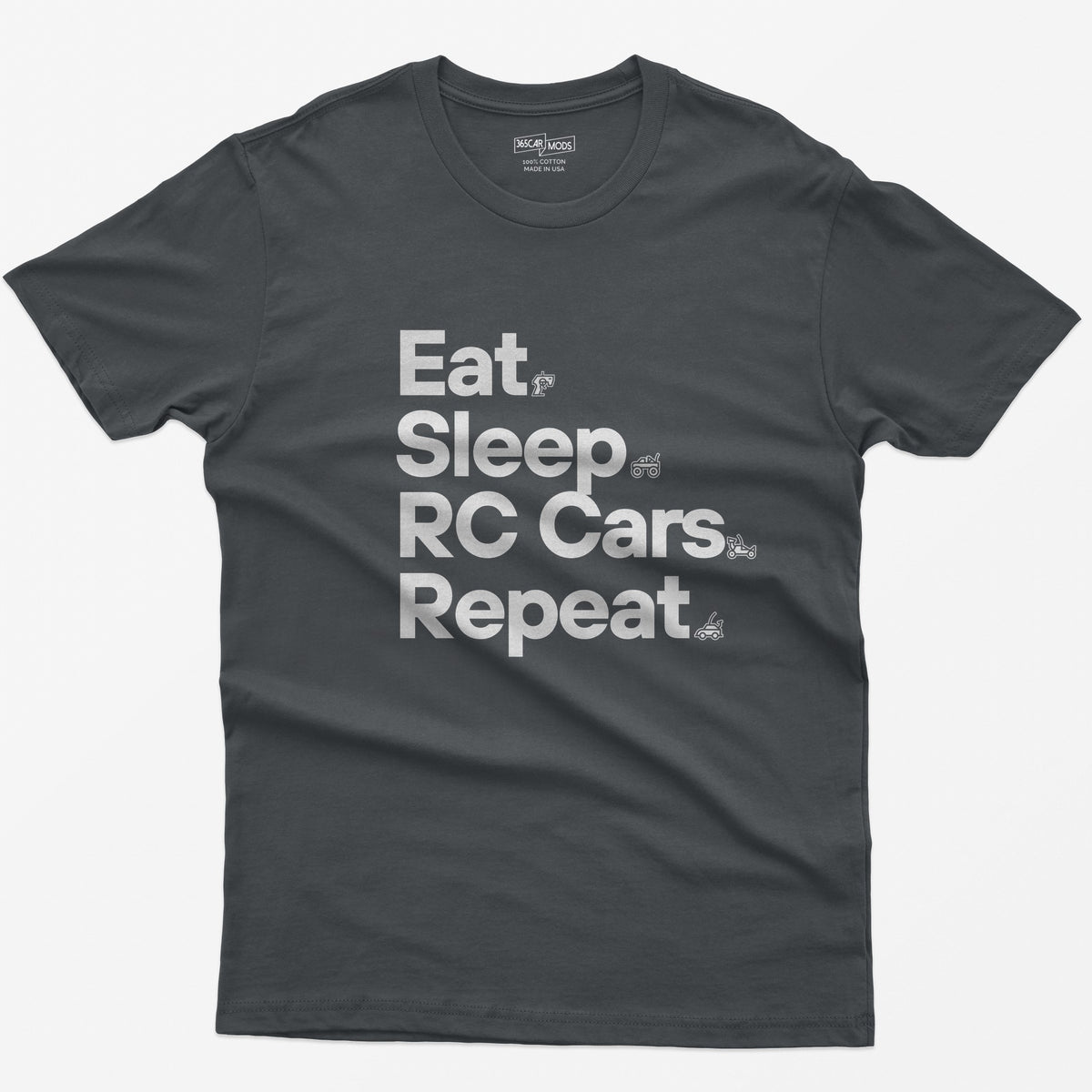 Charcoal t-shirt with white Eat Sleep RC Cars Repeat text and small RC transmitter, monster truck, buggy and car icons