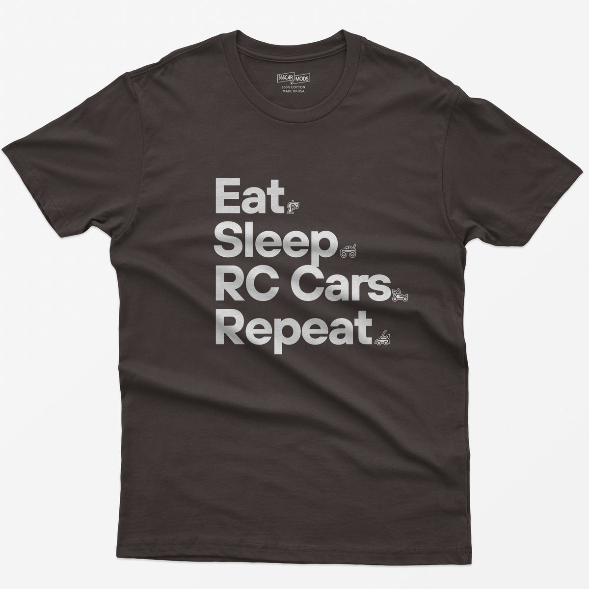Dark Chocolate t-shirt with white Eat Sleep RC Cars Repeat text and small RC transmitter, monster truck, buggy and car icons