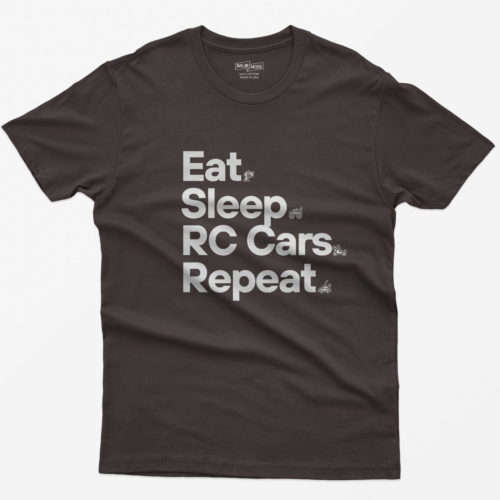 Dark Chocolate t-shirt with white Eat Sleep RC Cars Repeat text and small RC transmitter, monster truck, buggy and car icons
