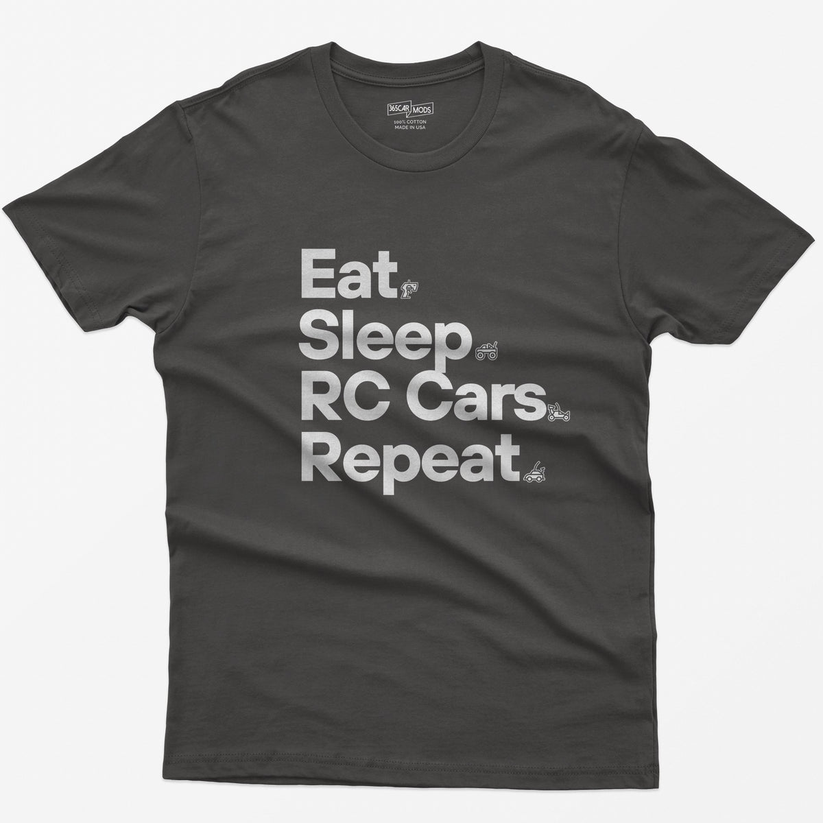 Dark Heather t-shirt with white Eat Sleep RC Cars Repeat text and small RC transmitter, monster truck, buggy and car icons