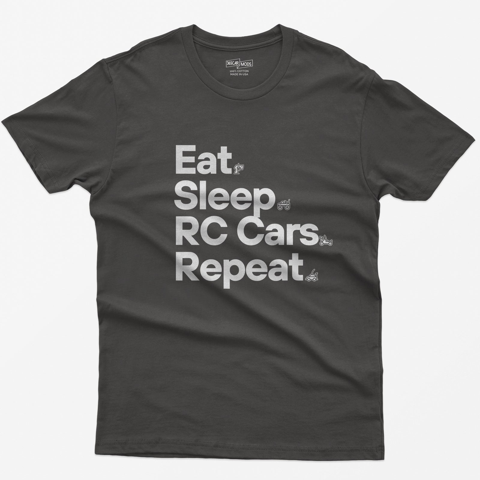 Dark Heather t-shirt with white Eat Sleep RC Cars Repeat text and small RC transmitter, monster truck, buggy and car icons