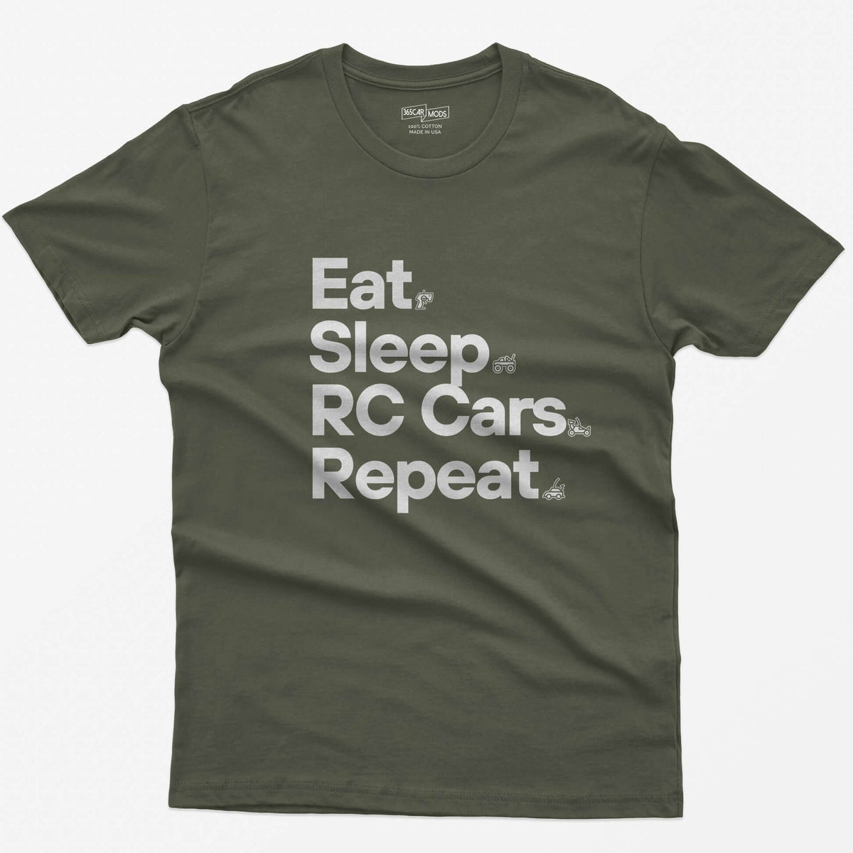 Military Green t-shirt with white Eat Sleep RC Cars Repeat text and small RC transmitter, monster truck, buggy and car icons