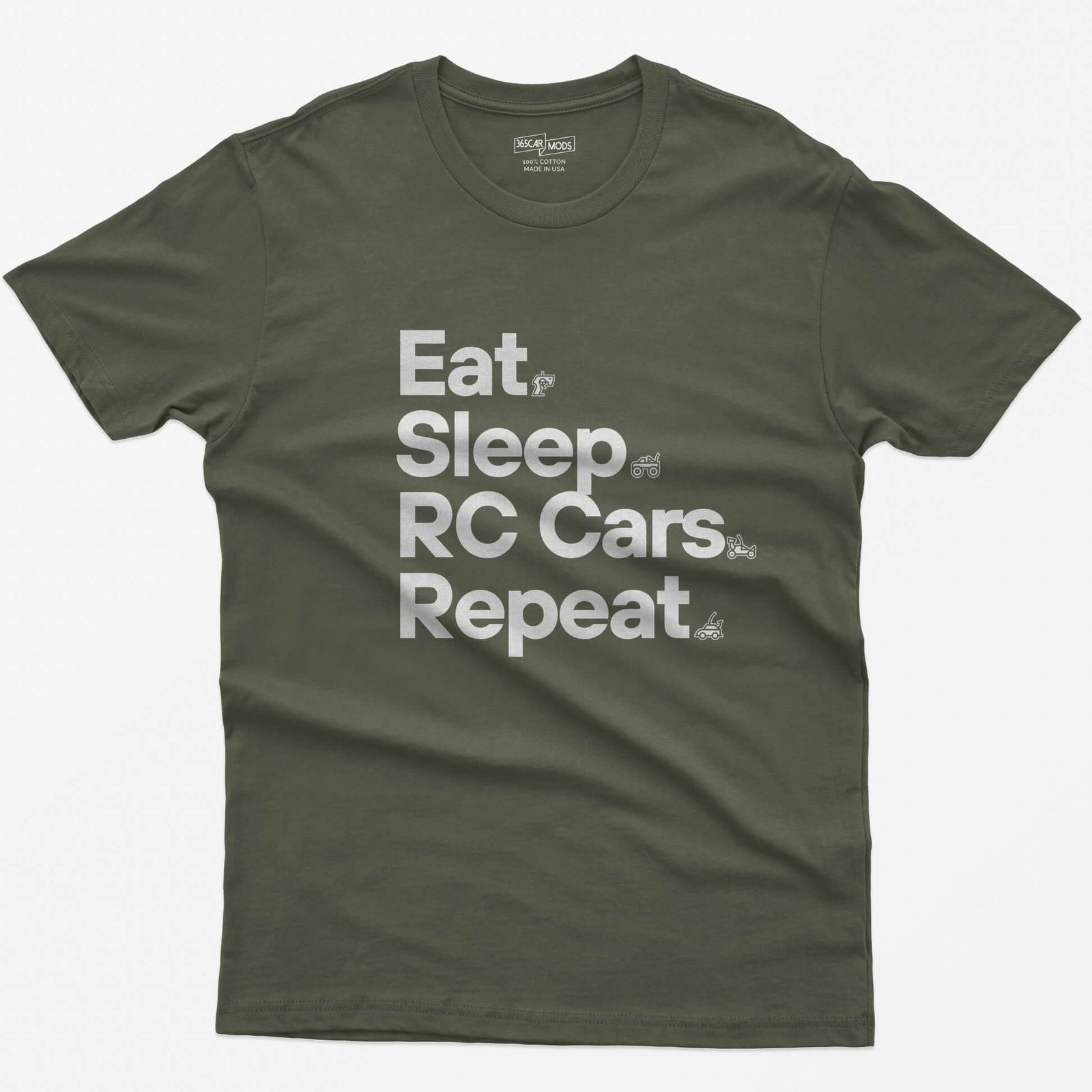Military Green t-shirt with white Eat Sleep RC Cars Repeat text and small RC transmitter, monster truck, buggy and car icons