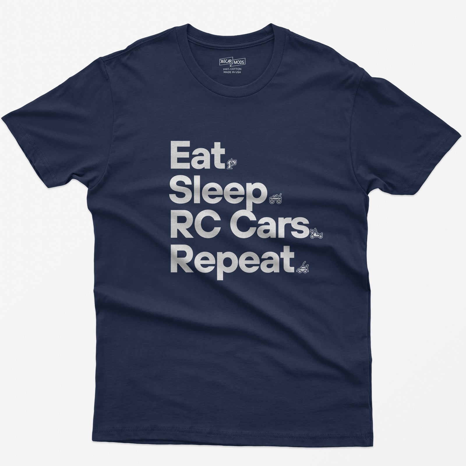 Navy t-shirt with white Eat Sleep RC Cars Repeat text and small RC transmitter, monster truck, buggy and car icons