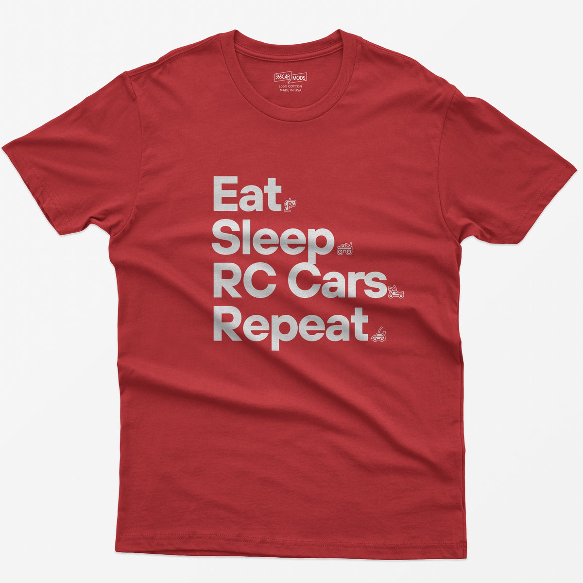 Red t-shirt with white Eat Sleep RC Cars Repeat text and small RC transmitter, monster truck, buggy and car icons