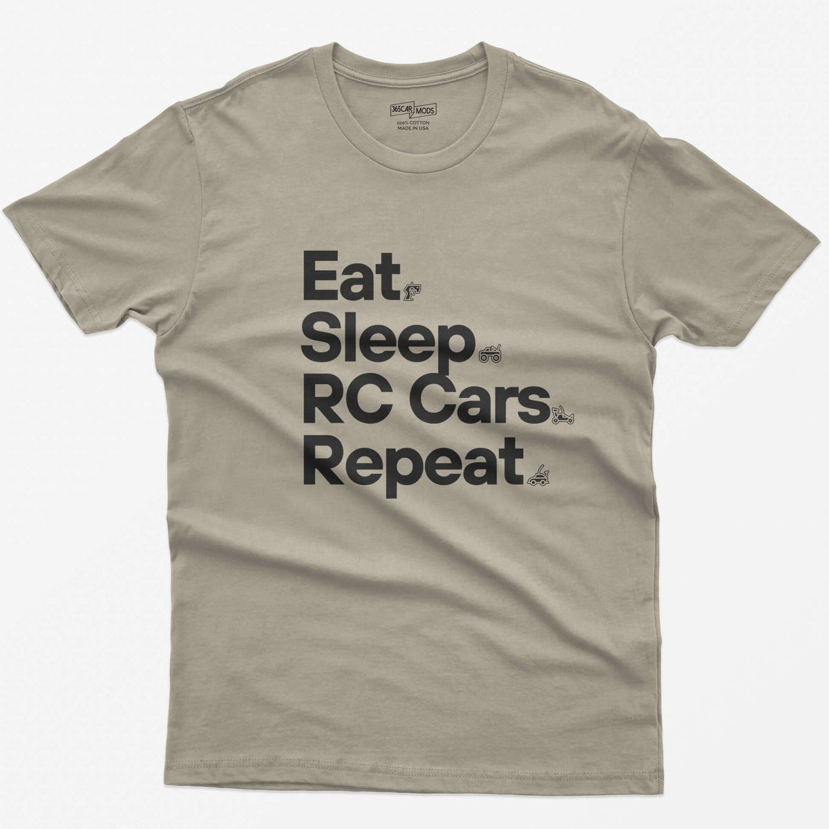 Sand t-shirt with white Eat Sleep RC Cars Repeat text and small RC transmitter, monster truck, buggy and car icons