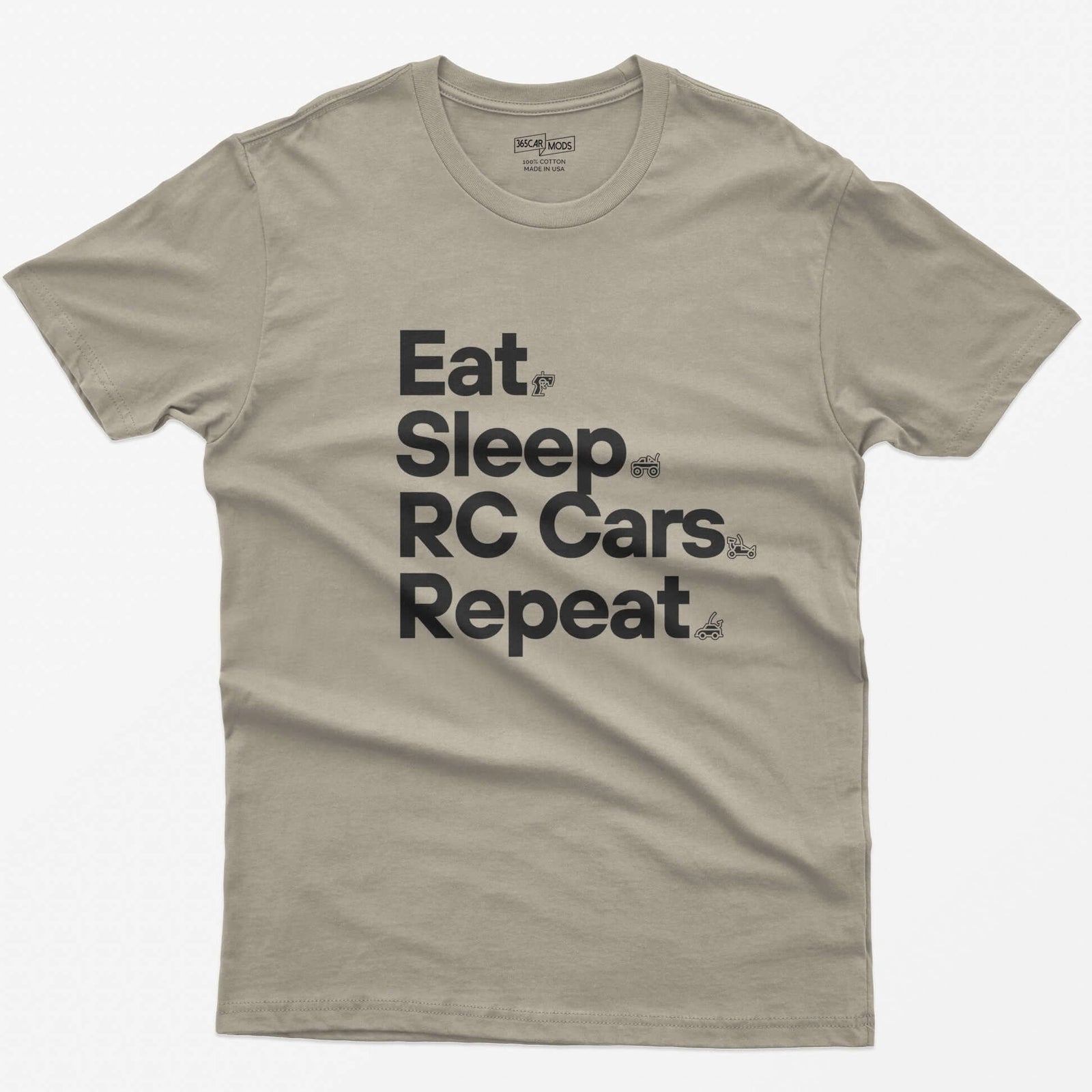 Sand t-shirt with white Eat Sleep RC Cars Repeat text and small RC transmitter, monster truck, buggy and car icons