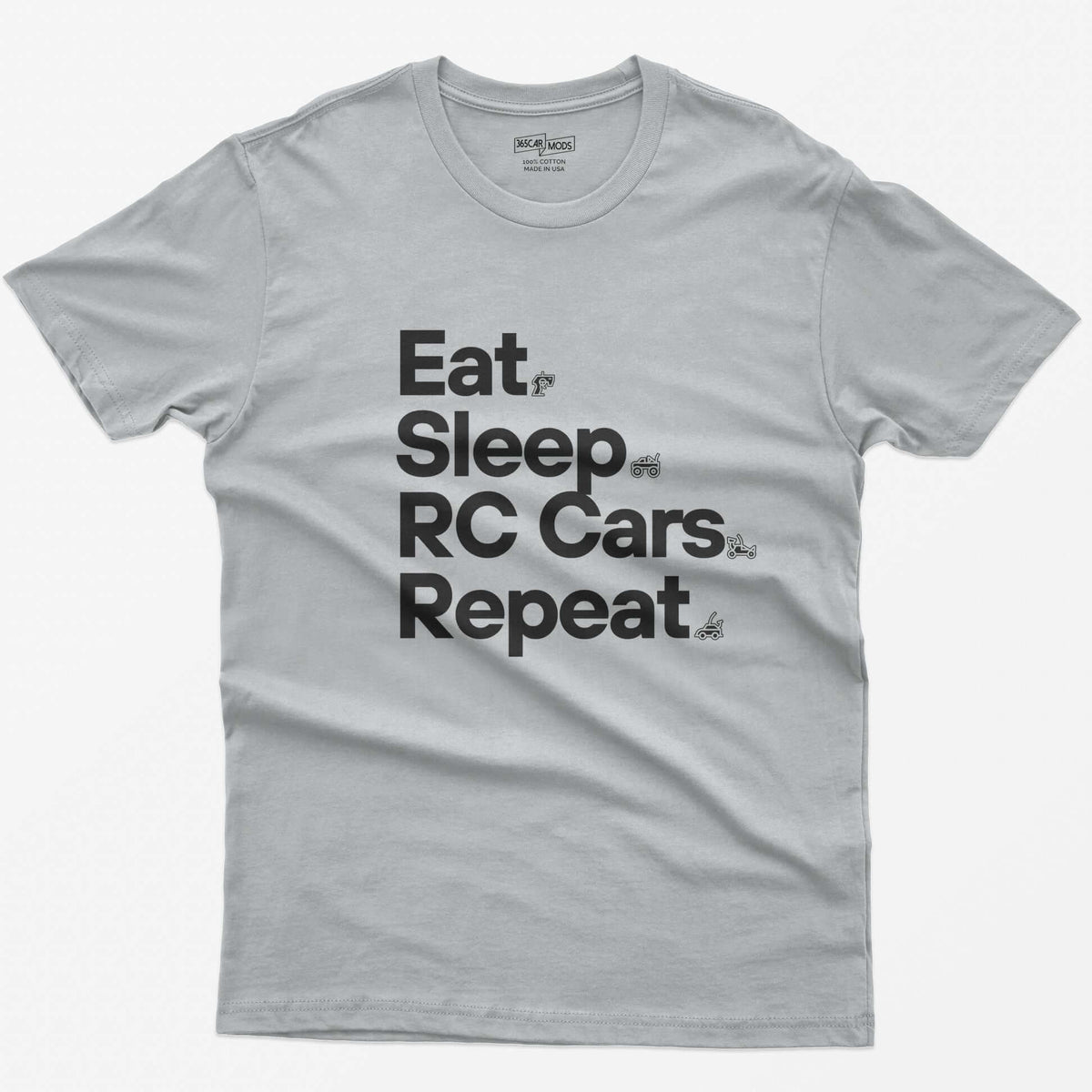 Sport Grey t-shirt with white Eat Sleep RC Cars Repeat text and small RC transmitter, monster truck, buggy and car icons