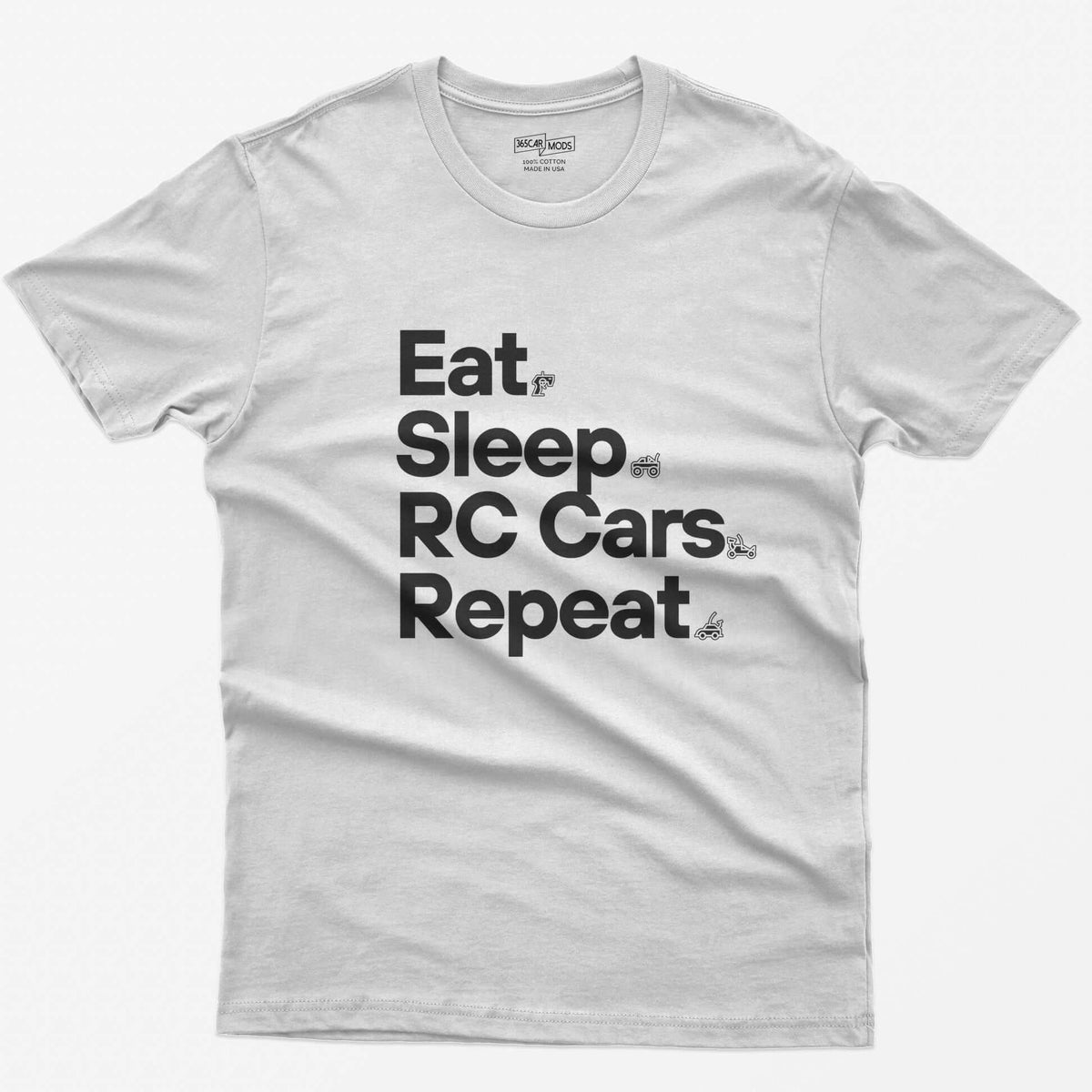 White t-shirt with white Eat Sleep RC Cars Repeat text and small RC transmitter, monster truck, buggy and car icons
