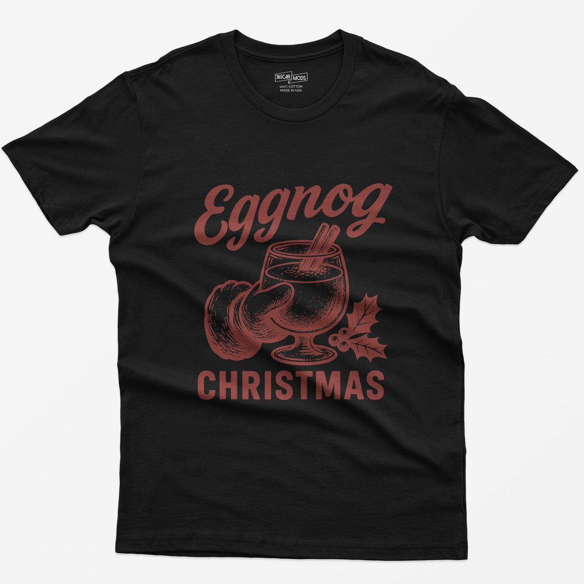Black t-shirt with red vintage print of a Santa hand holding a glass of eggnog with cinnamon sticks, text Eggnog Christmas