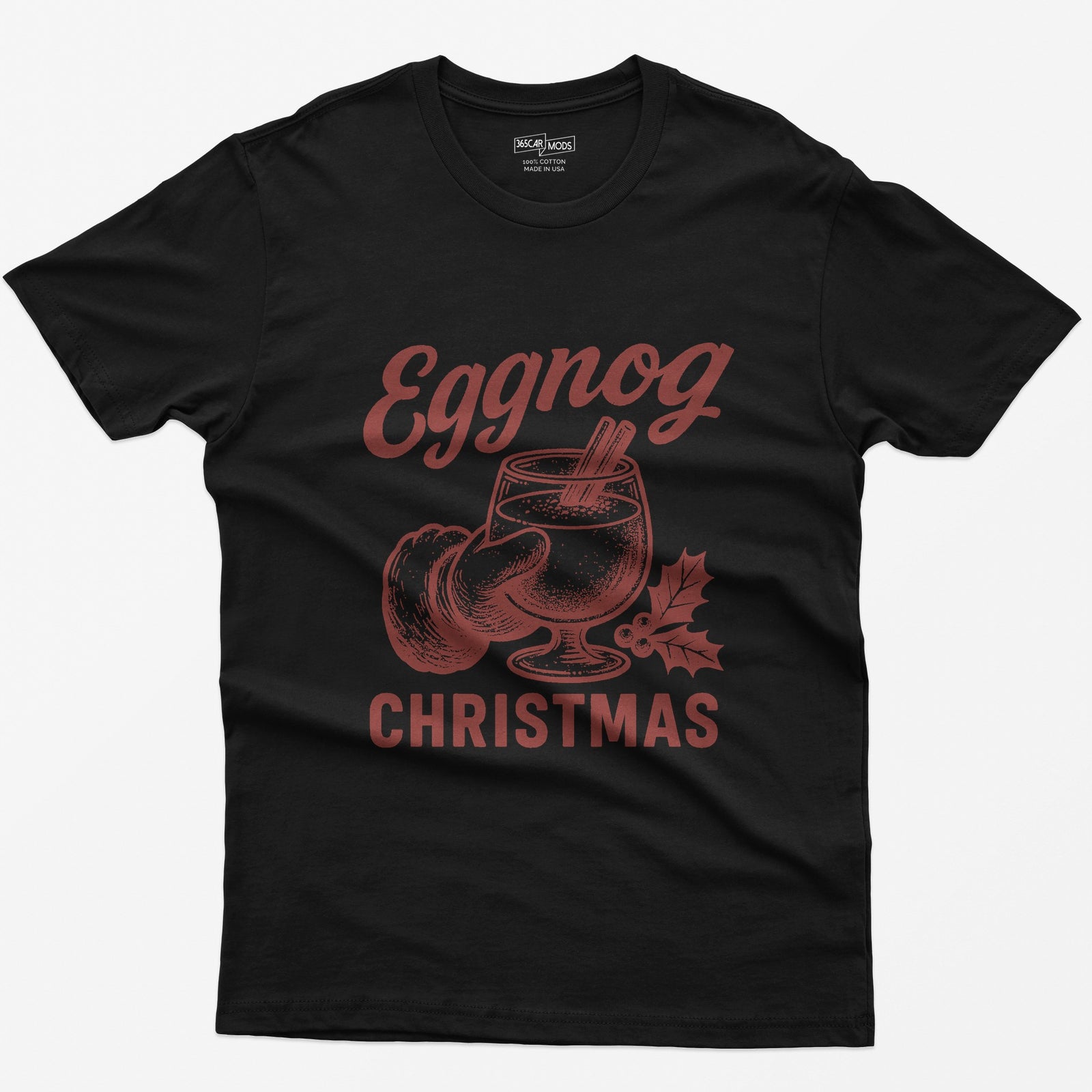 Black t-shirt with red vintage print of a Santa hand holding a glass of eggnog with cinnamon sticks, text Eggnog Christmas