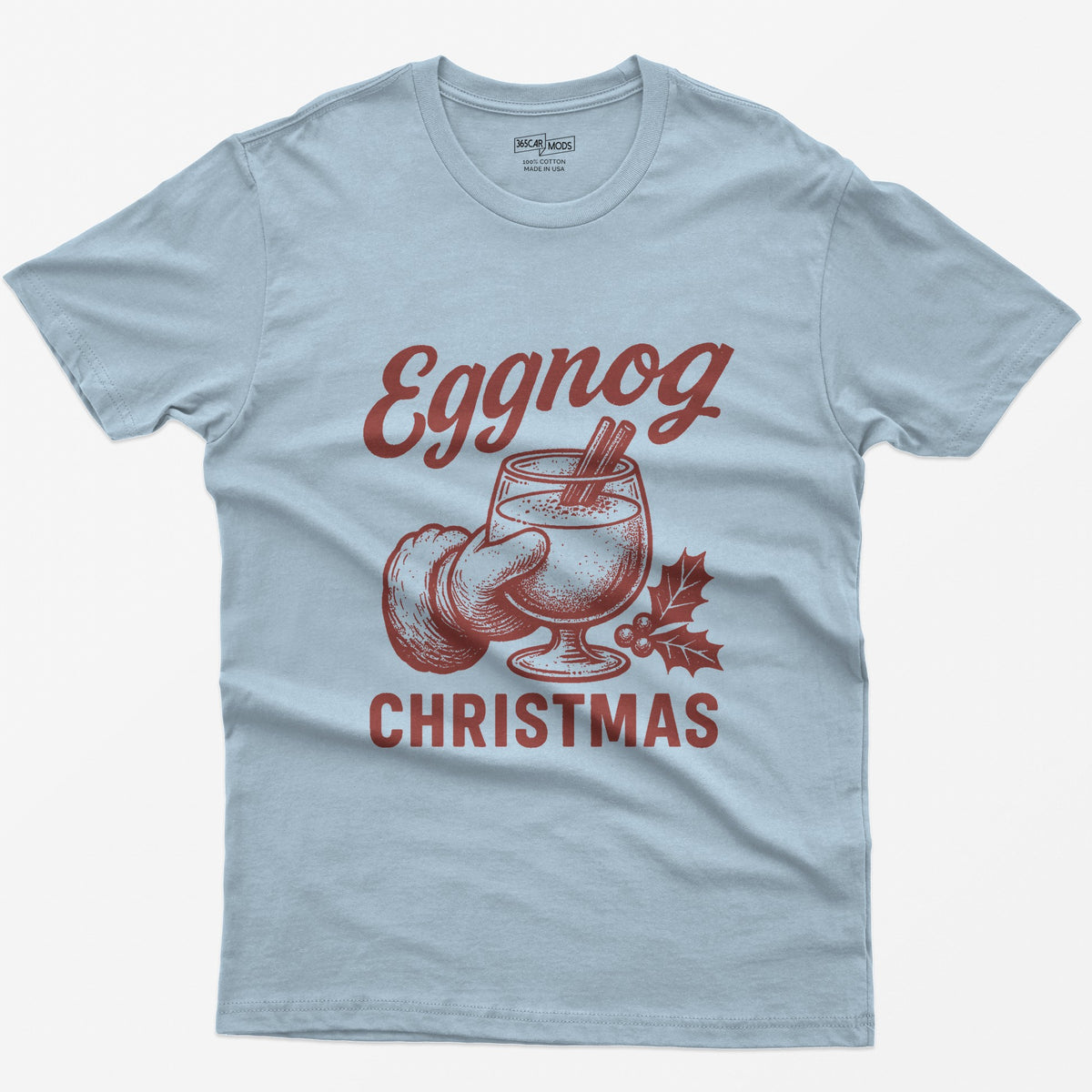 Light Blue t-shirt with red vintage print of a Santa hand holding a glass of eggnog with cinnamon sticks, text Eggnog Christmas