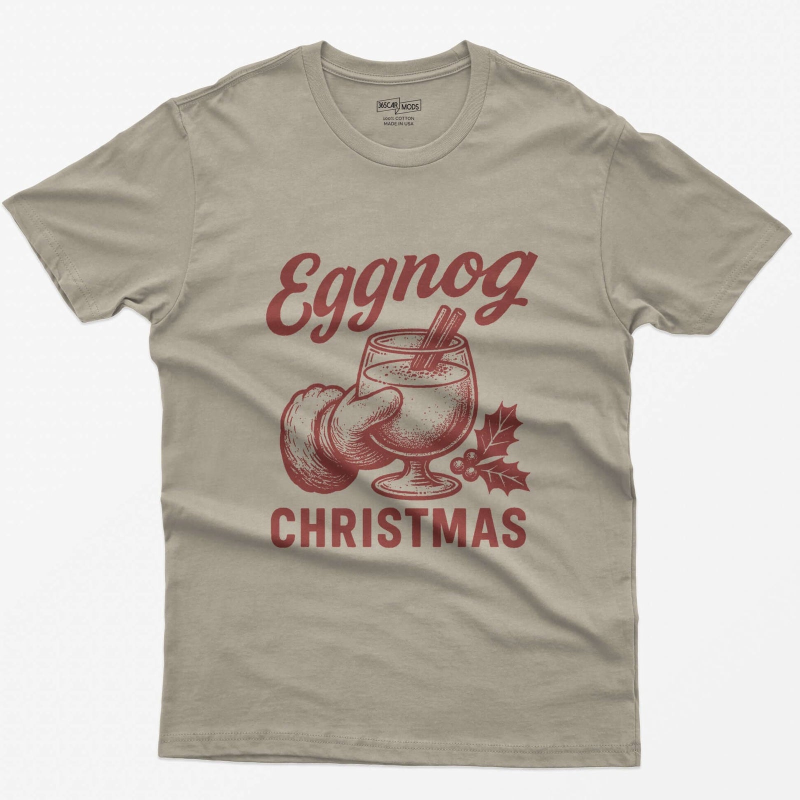 Sand t-shirt with red vintage print of a Santa hand holding a glass of eggnog with cinnamon sticks, text Eggnog Christmas