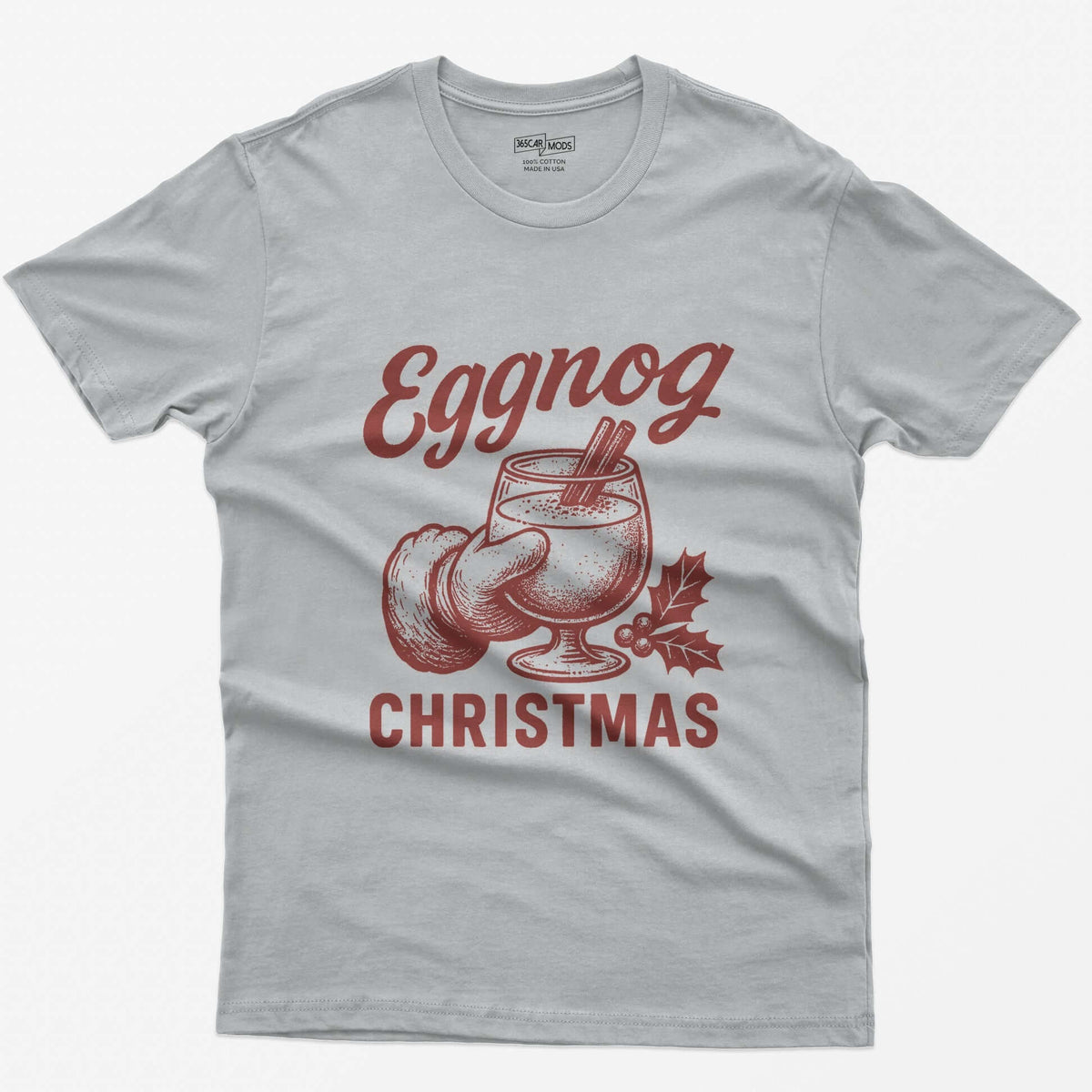 Sport Grey t-shirt with red vintage print of a Santa hand holding a glass of eggnog with cinnamon sticks, text Eggnog Christmas