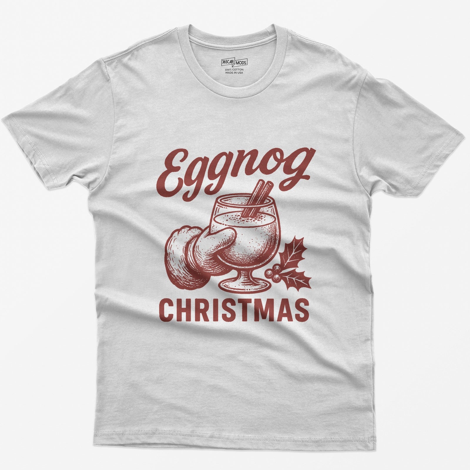 White t-shirt with red vintage print of a Santa hand holding a glass of eggnog with cinnamon sticks, text Eggnog Christmas