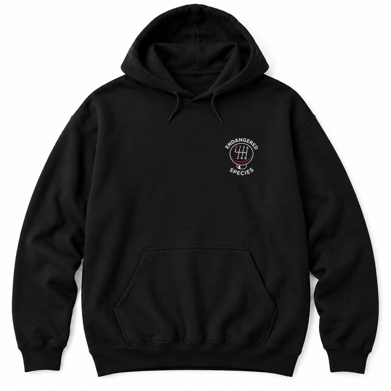 Black hoodie with a six-speed shift knob and ENDANGERED SPECIES arched around it in white letters