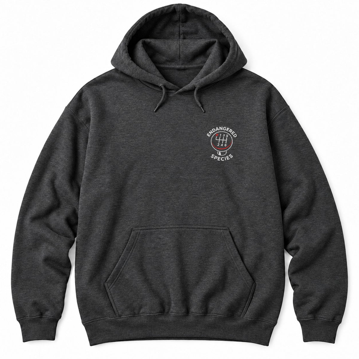 Dark Heather hoodie with a six-speed shift knob and ENDANGERED SPECIES arched around it in white letters