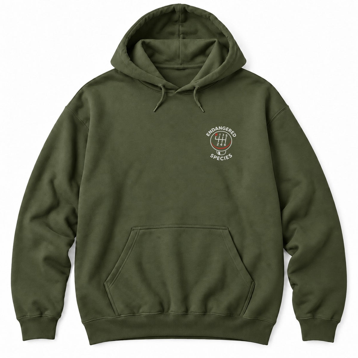 Military Green hoodie with a six-speed shift knob and ENDANGERED SPECIES arched around it in white letters