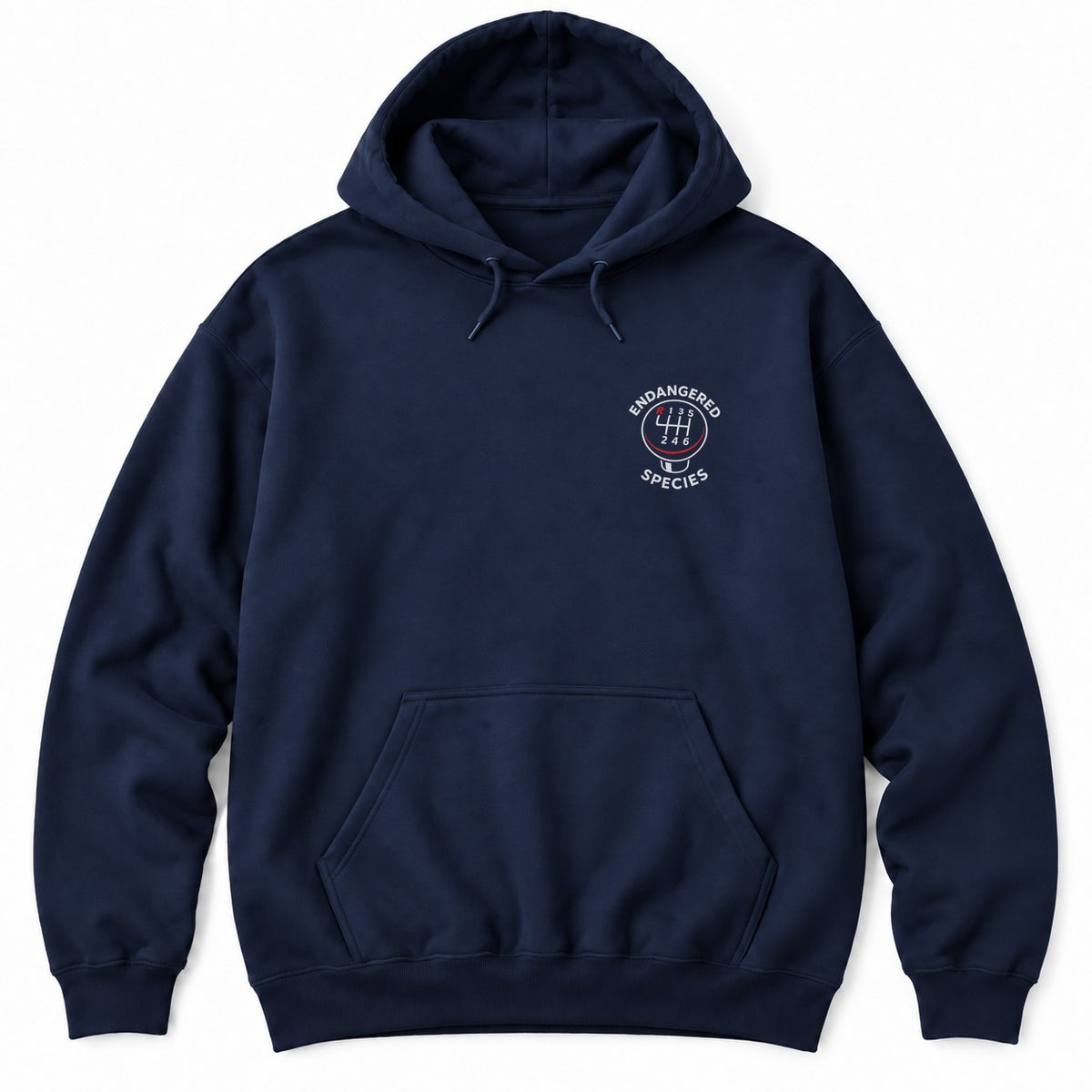 Navy hoodie with a six-speed shift knob and ENDANGERED SPECIES arched around it in white letters