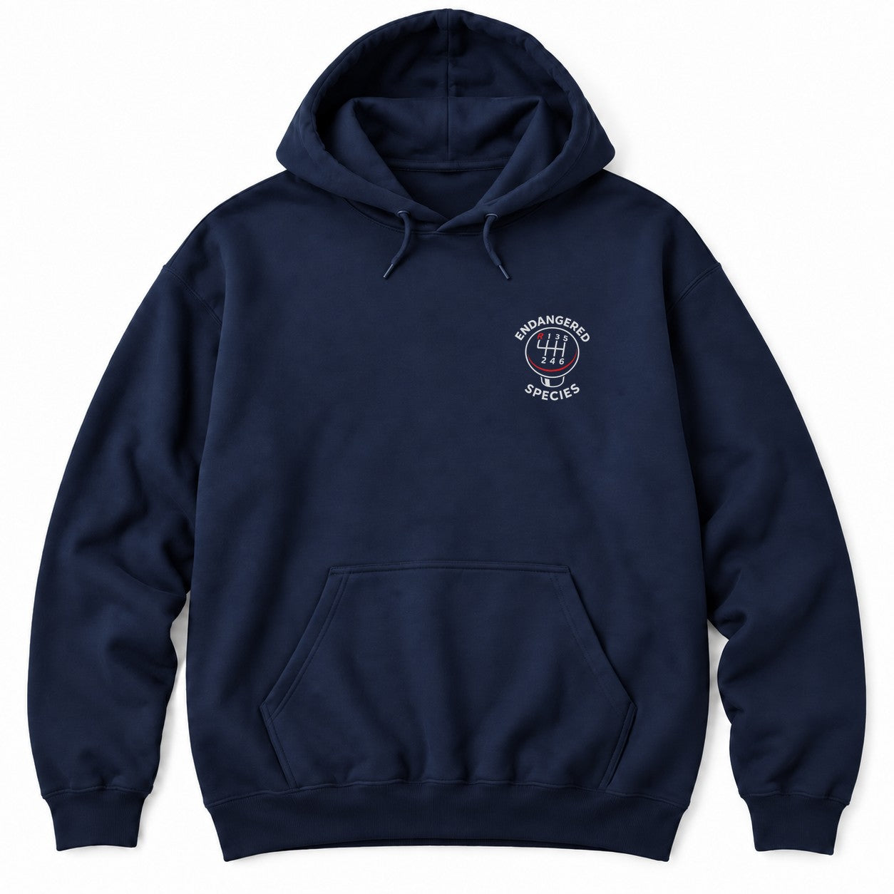 Navy hoodie with a six-speed shift knob and ENDANGERED SPECIES arched around it in white letters