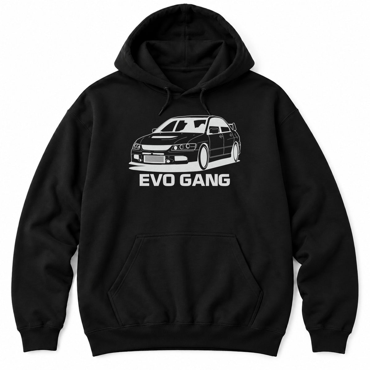 Black hoodie with a white line drawing of a turbo JDM rally sedan with a tall rear wing above a bold GANG slogan