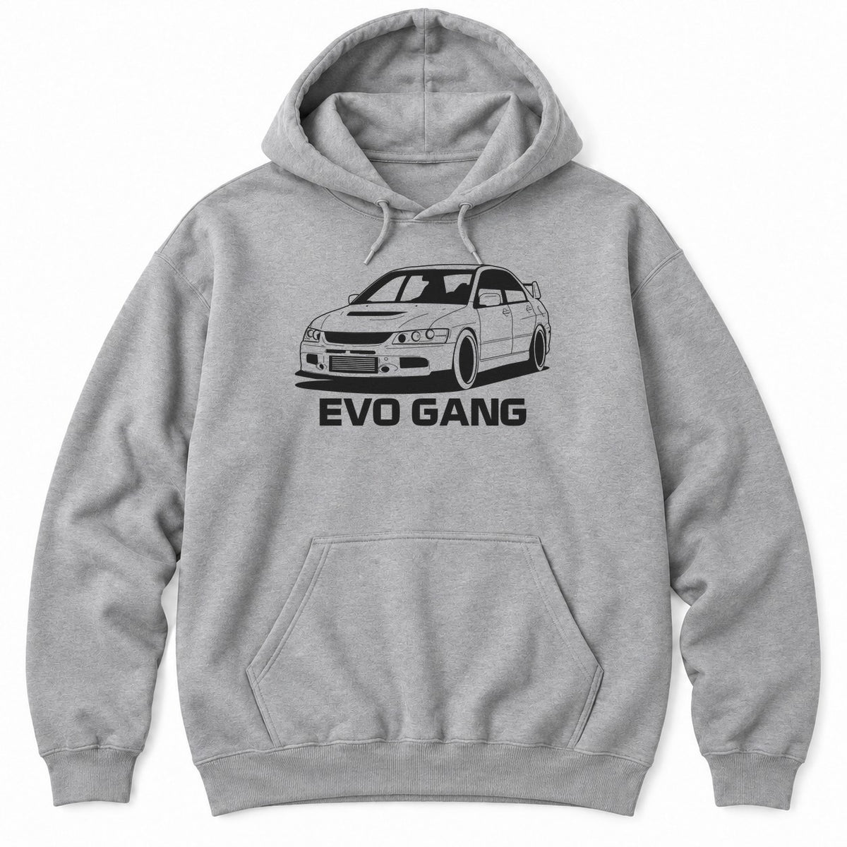 Athletic Heather hoodie with a white line drawing of a turbo JDM rally sedan with a tall rear wing above a bold GANG slogan