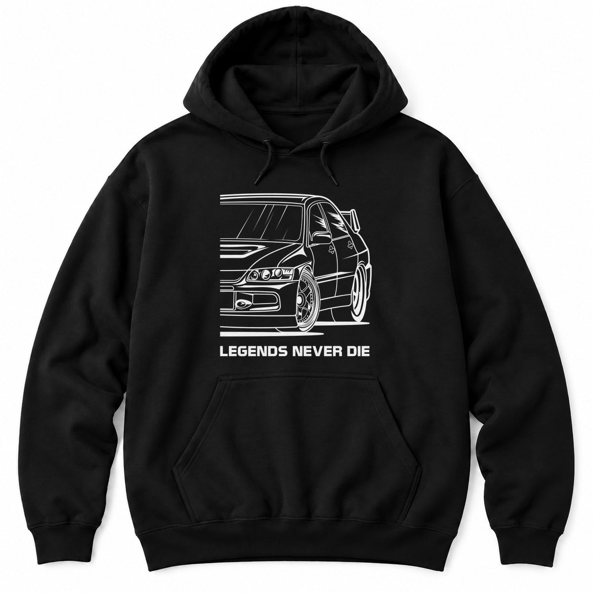 Black hoodie with a white close-up line drawing of a JDM rally sedan front end with triple headlights and LEGENDS NEVER DIE