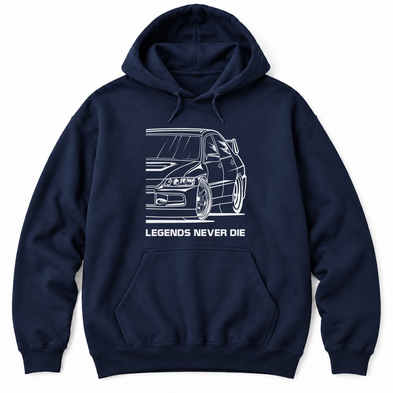Navy hoodie with a white close-up line drawing of a JDM rally sedan front end with triple headlights and LEGENDS NEVER DIE