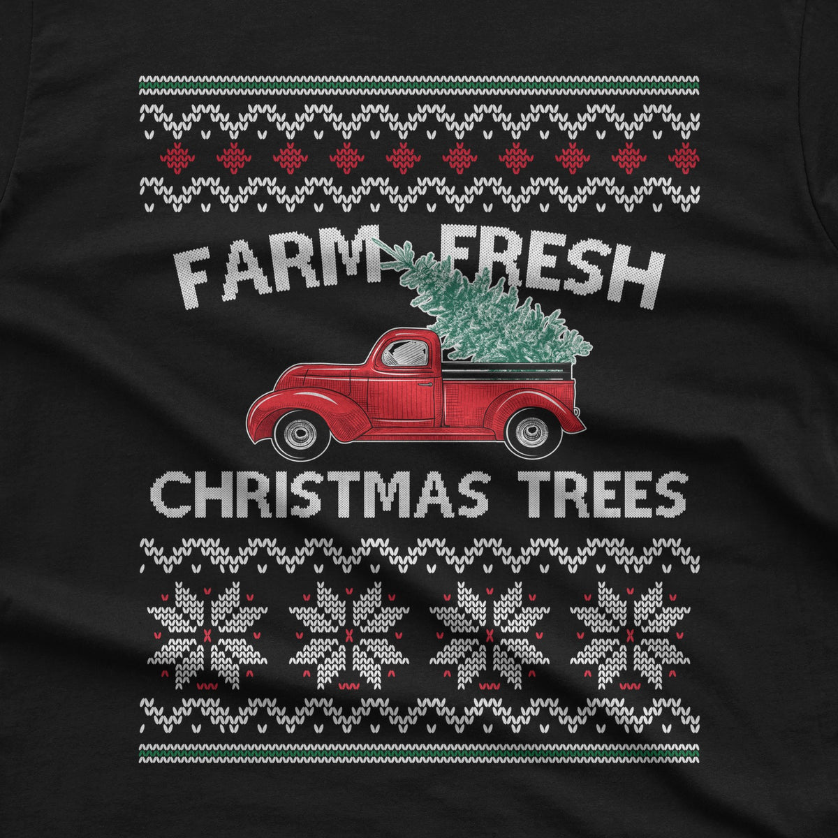 Farm Fresh Christmas Trees Vintage Red Truck T-Shirt design close-up