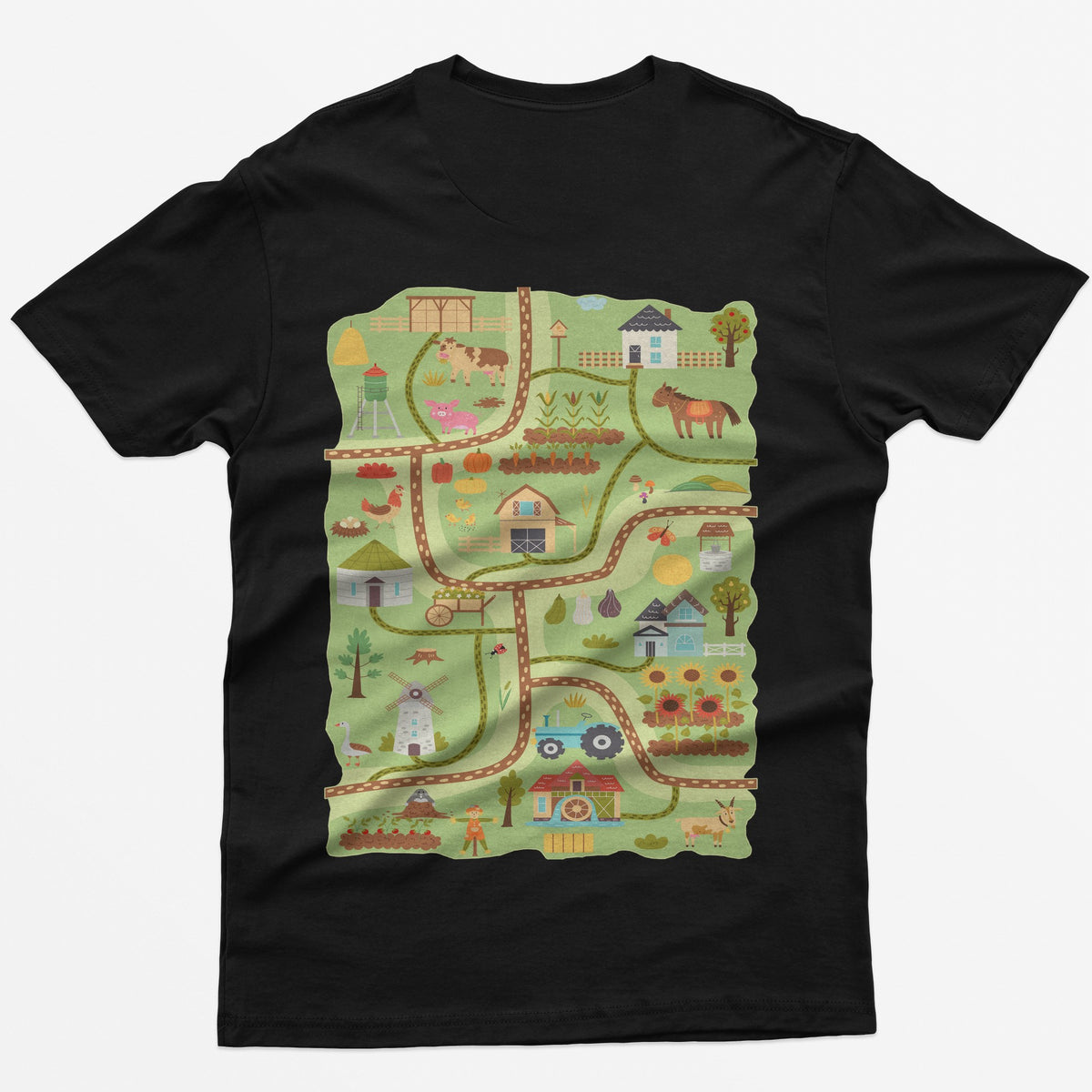 Black t-shirt with a farm road play mat on the back: barn, tractor, windmill, sunflowers and animals on winding roads