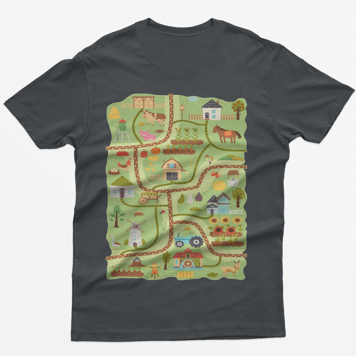 Charcoal t-shirt with a farm road play mat on the back: barn, tractor, windmill, sunflowers and animals on winding roads