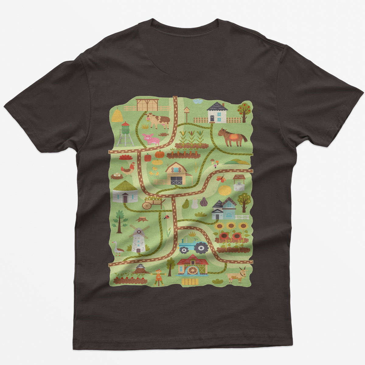 Dark Chocolate t-shirt with a farm road play mat on the back: barn, tractor, windmill, sunflowers and animals on winding roads