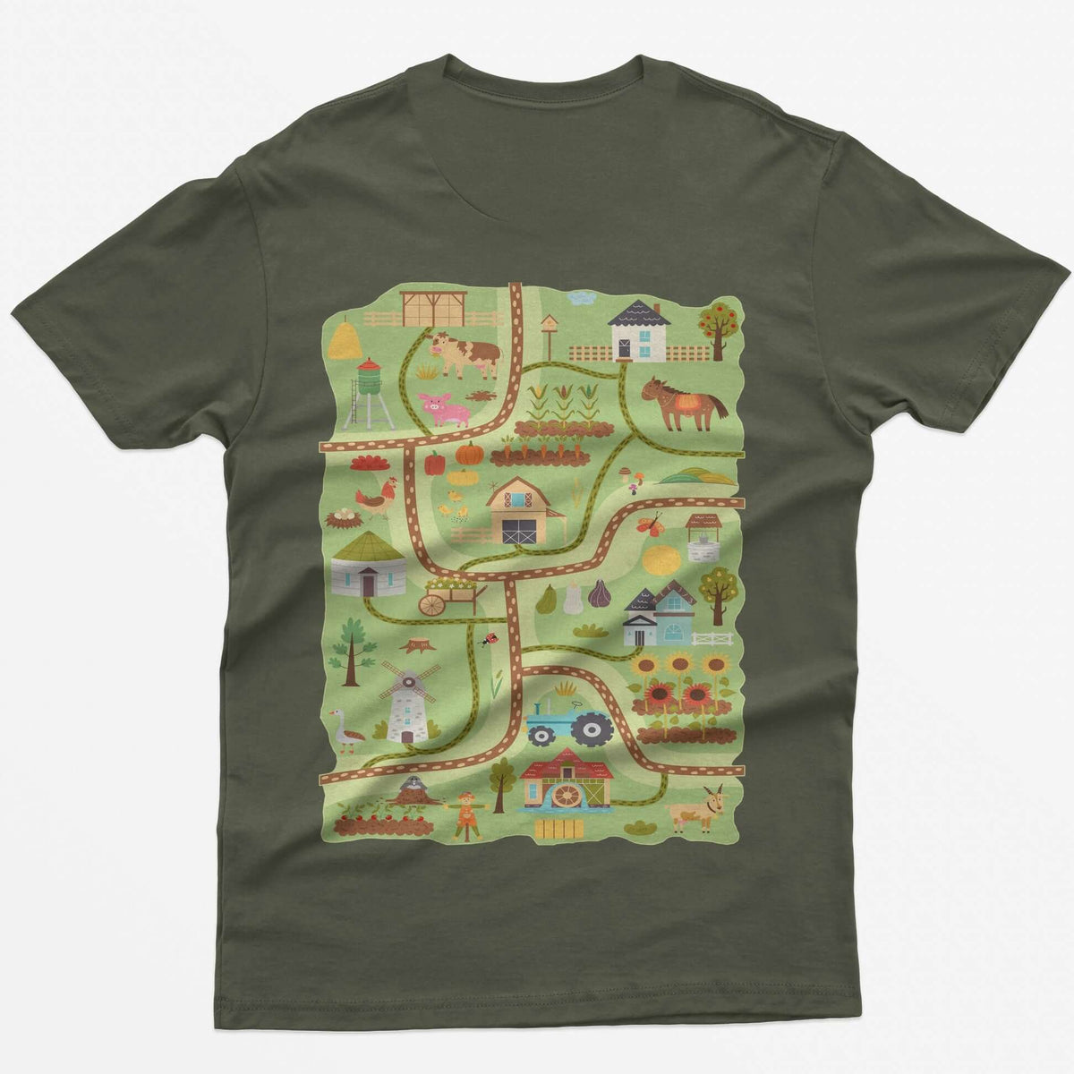 Military Green t-shirt with a farm road play mat on the back: barn, tractor, windmill, sunflowers and animals on winding roads