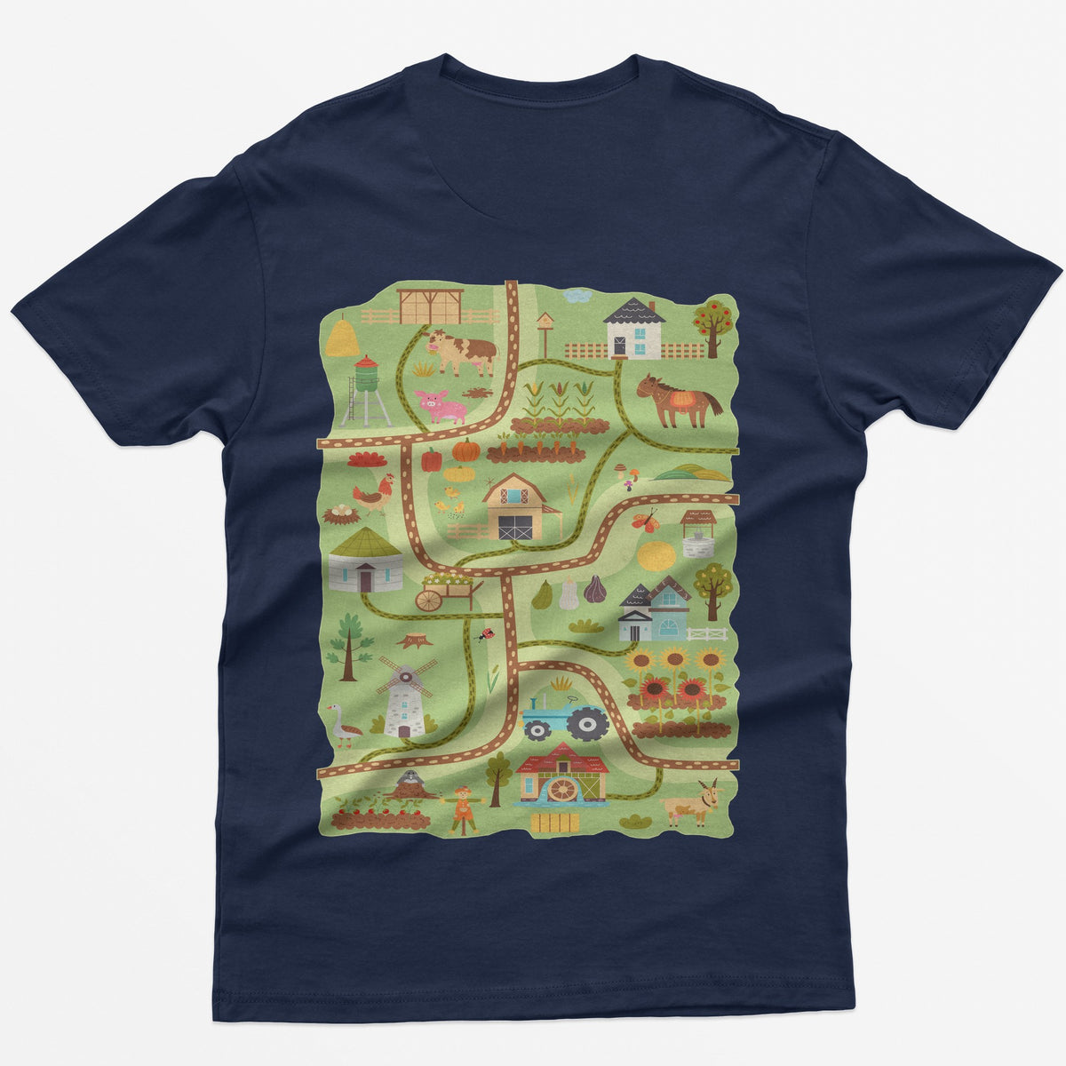 Navy t-shirt with a farm road play mat on the back: barn, tractor, windmill, sunflowers and animals on winding roads