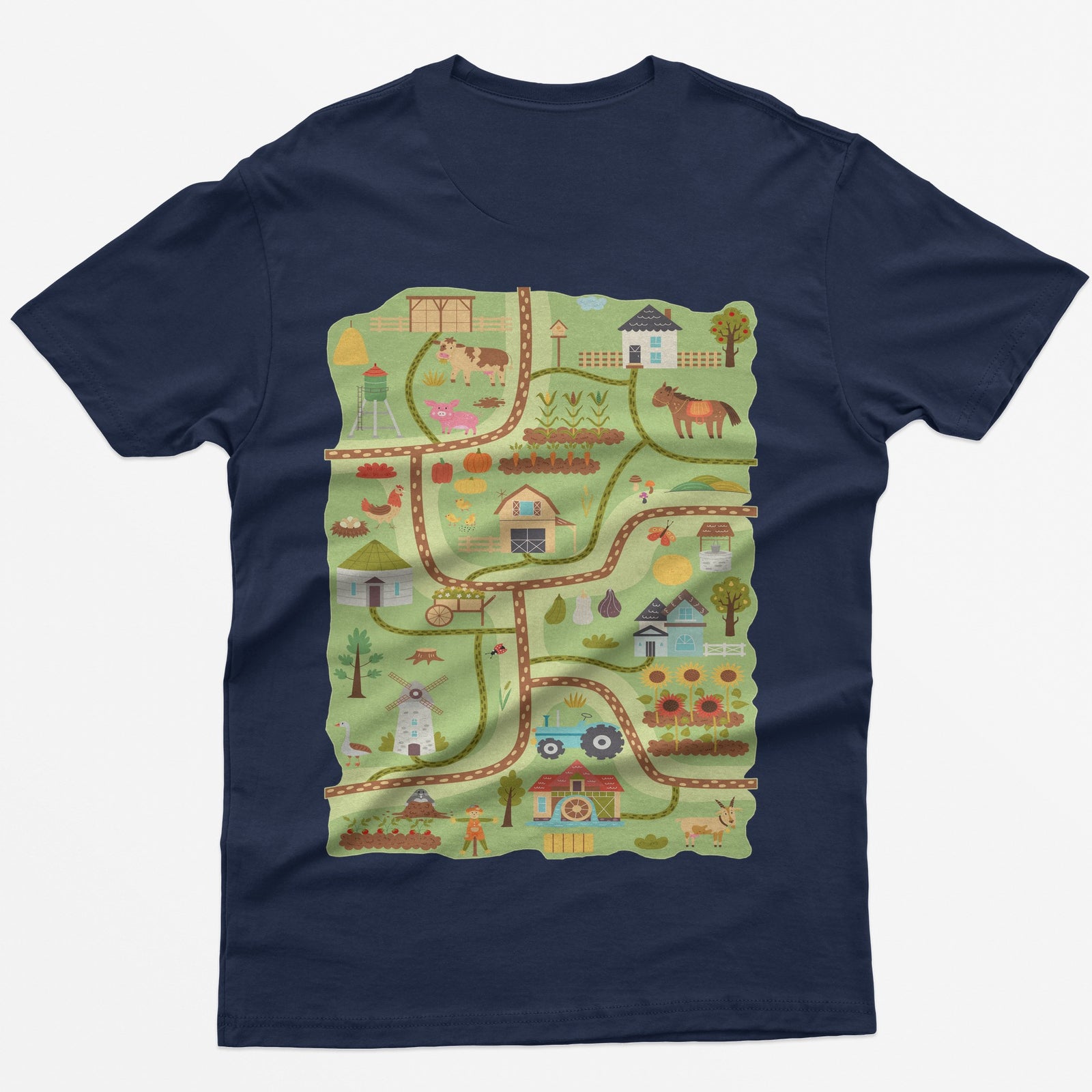 Navy t-shirt with a farm road play mat on the back: barn, tractor, windmill, sunflowers and animals on winding roads