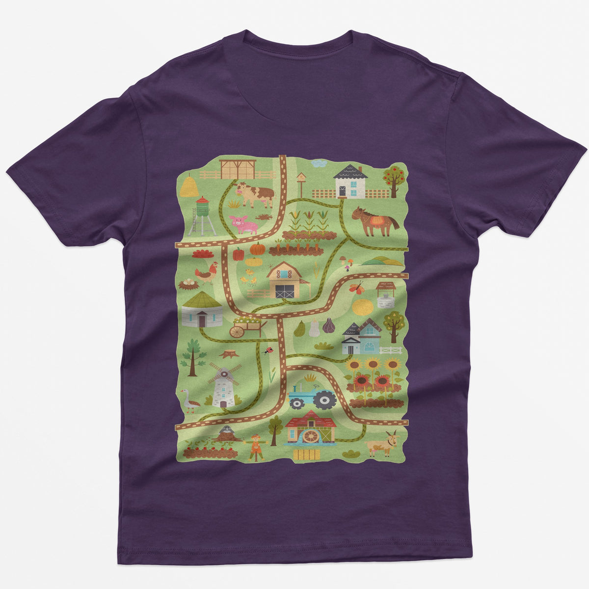 Purple t-shirt with a farm road play mat on the back: barn, tractor, windmill, sunflowers and animals on winding roads