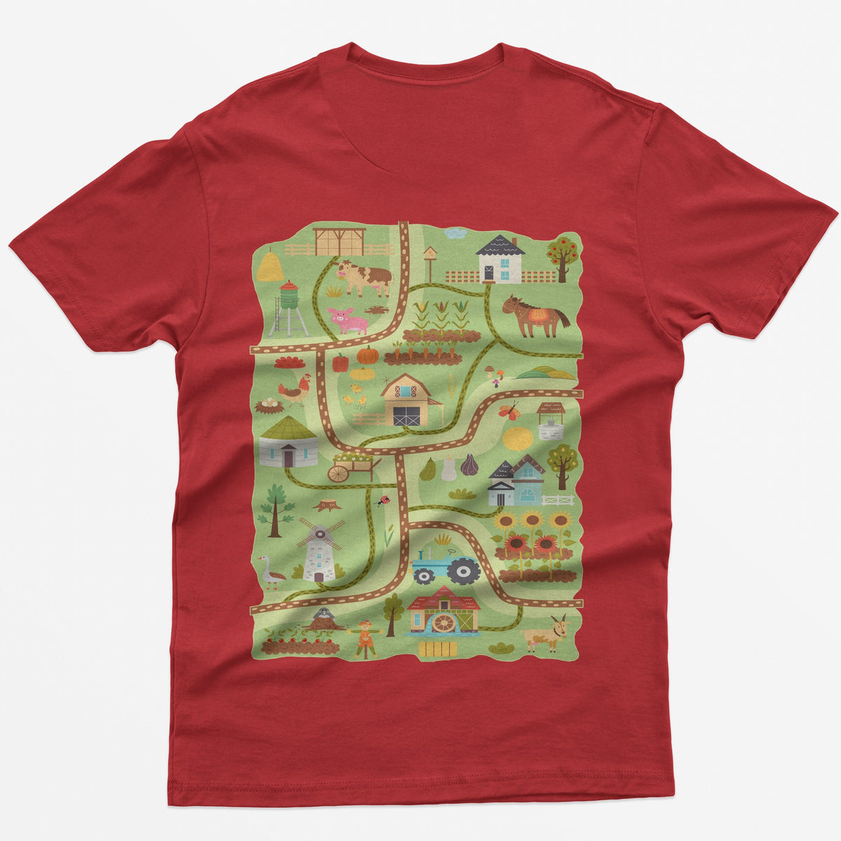Red t-shirt with a farm road play mat on the back: barn, tractor, windmill, sunflowers and animals on winding roads