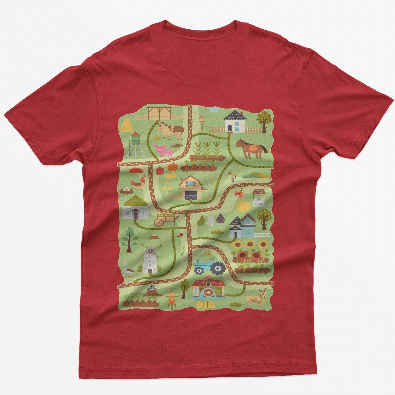 Red t-shirt with a farm road play mat on the back: barn, tractor, windmill, sunflowers and animals on winding roads