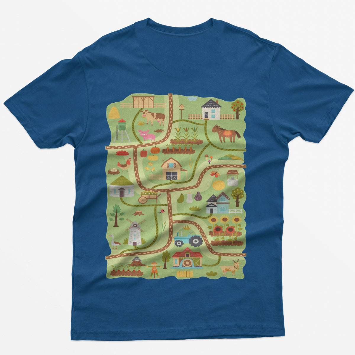 Royal t-shirt with a farm road play mat on the back: barn, tractor, windmill, sunflowers and animals on winding roads