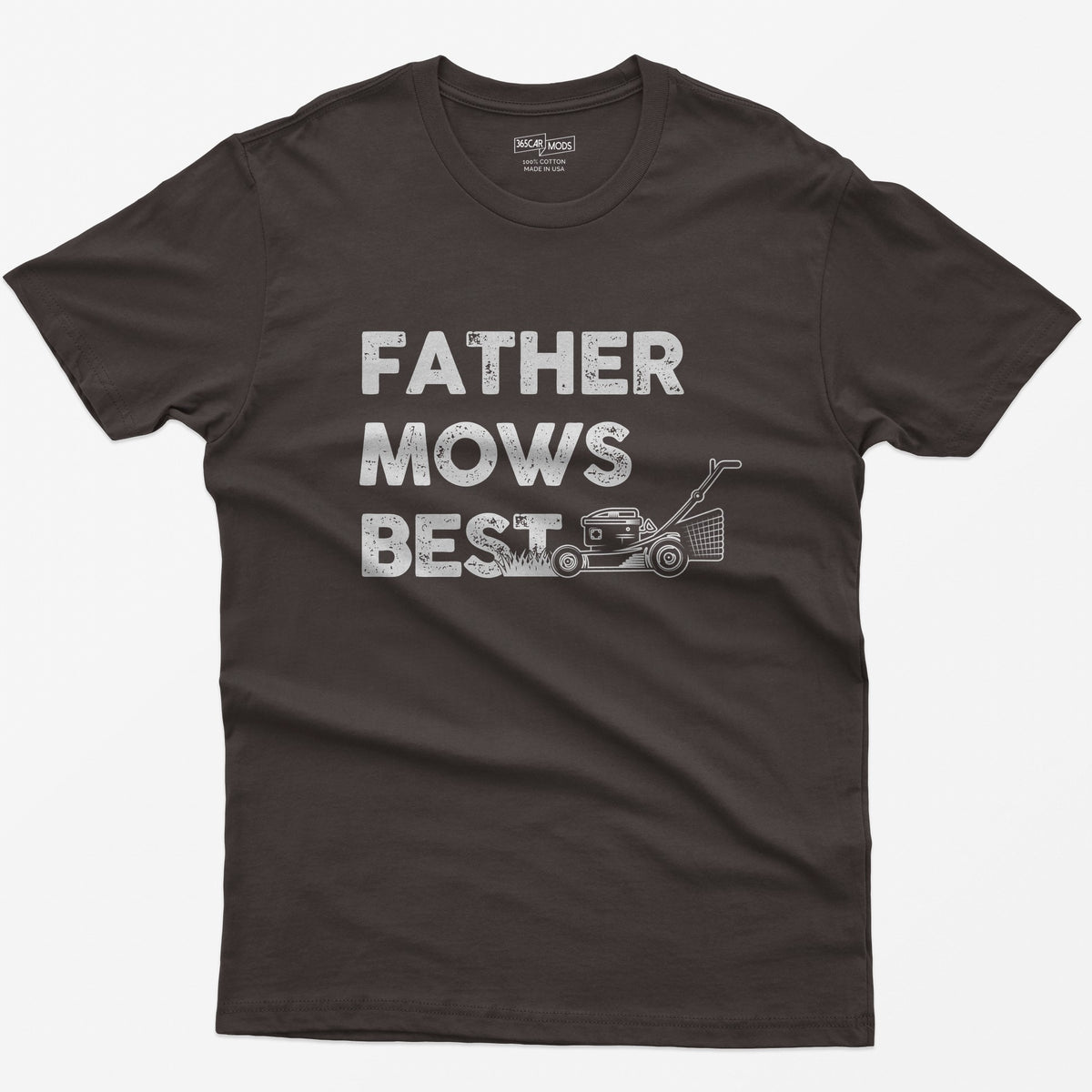 Dark Chocolate t-shirt with Father Mows Best text in distressed white letters and a push lawn mower cutting grass