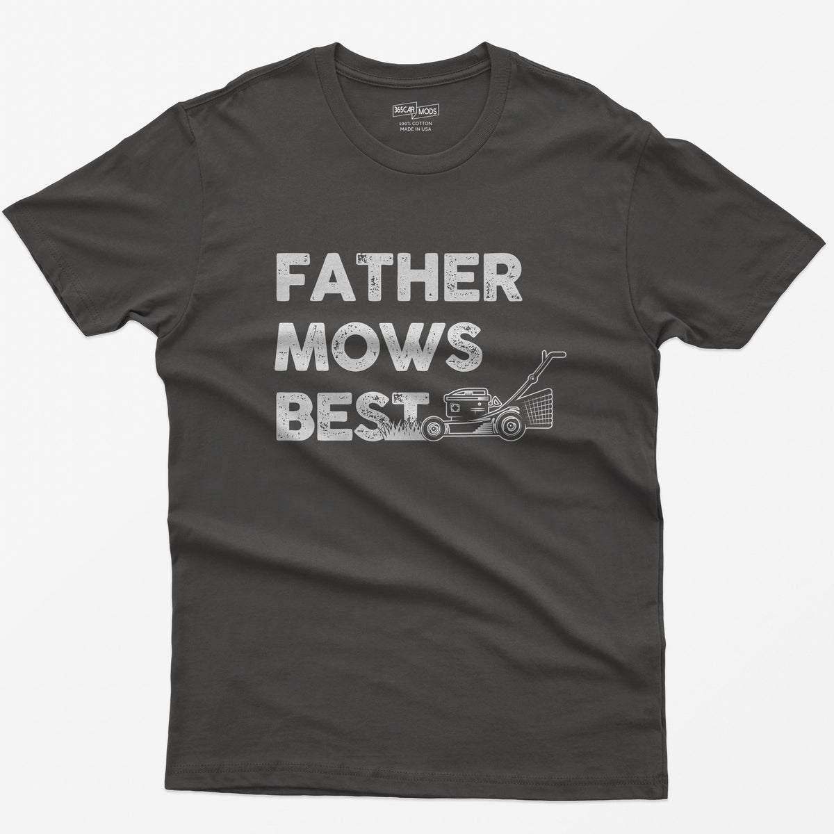 Dark Heather t-shirt with Father Mows Best text in distressed white letters and a push lawn mower cutting grass