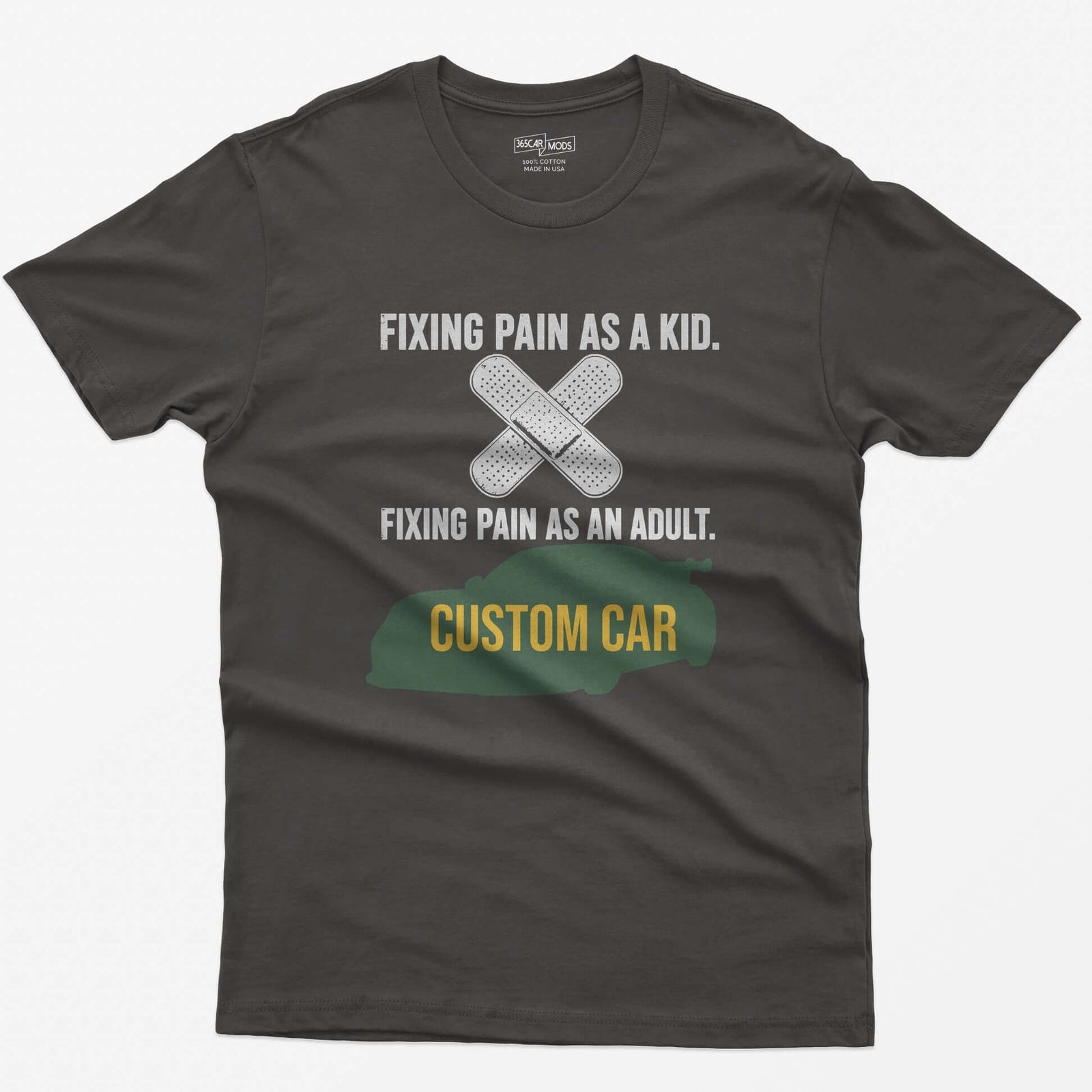 Dark Heather t-shirt with Fixing Pain As A Kid over crossed bandages and Fixing Pain As An Adult over a custom car silhouette