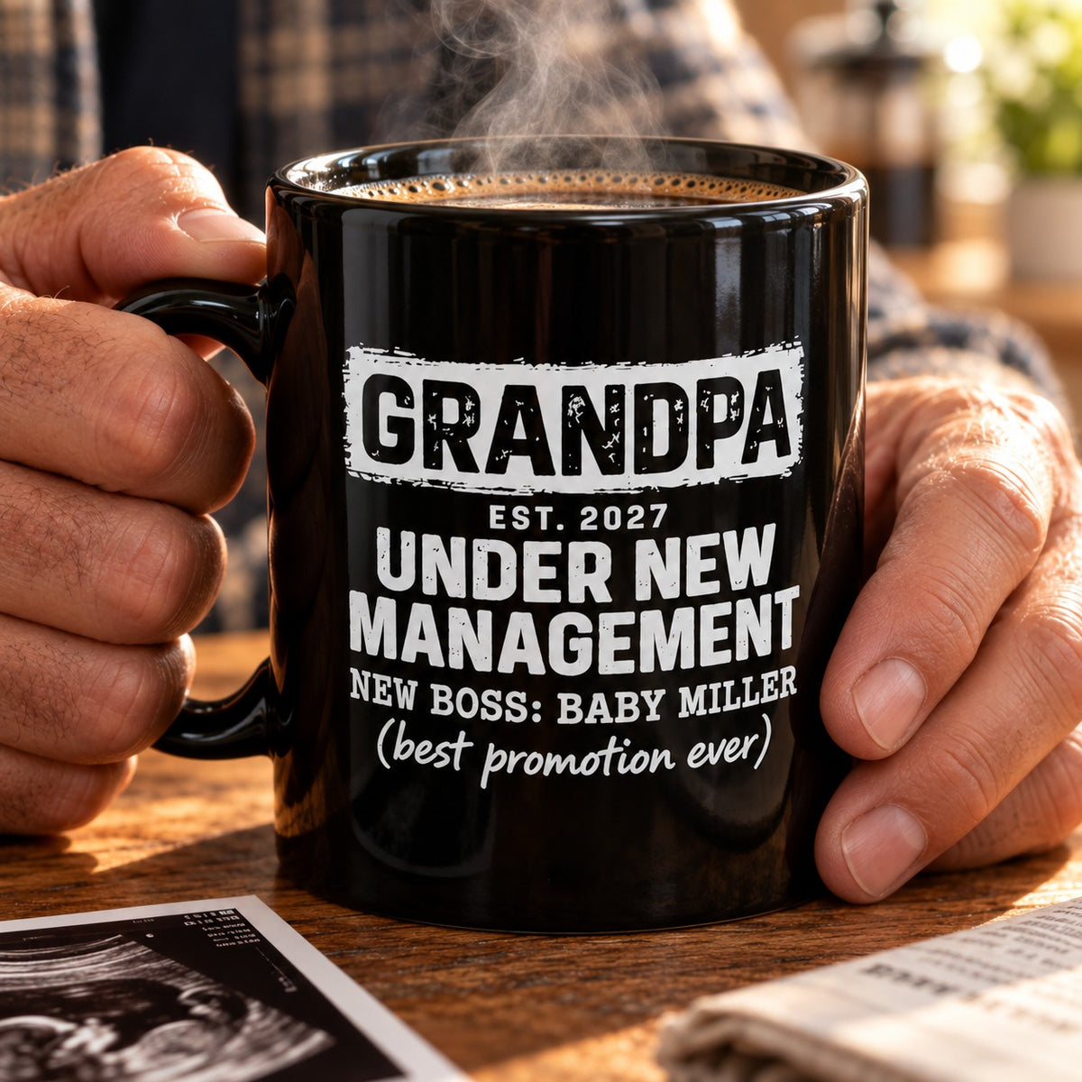Grandpa Under New Management Coffee Mug | Custom Baby Name Reveal with text showing EST. 2027 and NEW BOSS: BABY MILLER.
