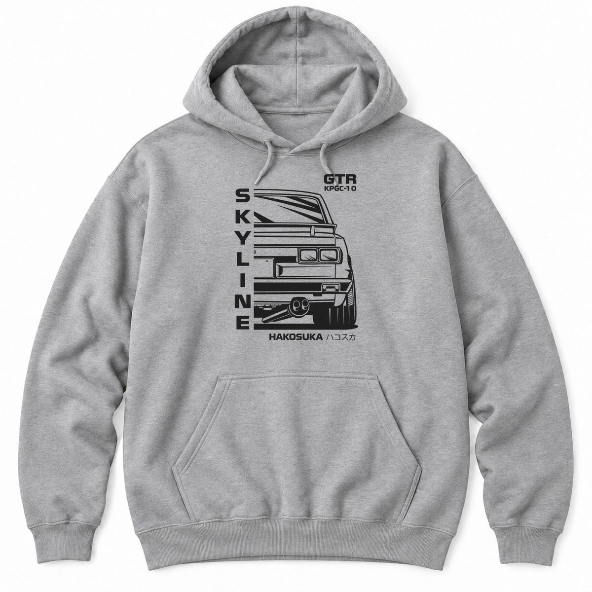 Athletic Heather hoodie with a white rear-view line drawing of a boxy 70s Japanese coupe with square tail lights and katakana