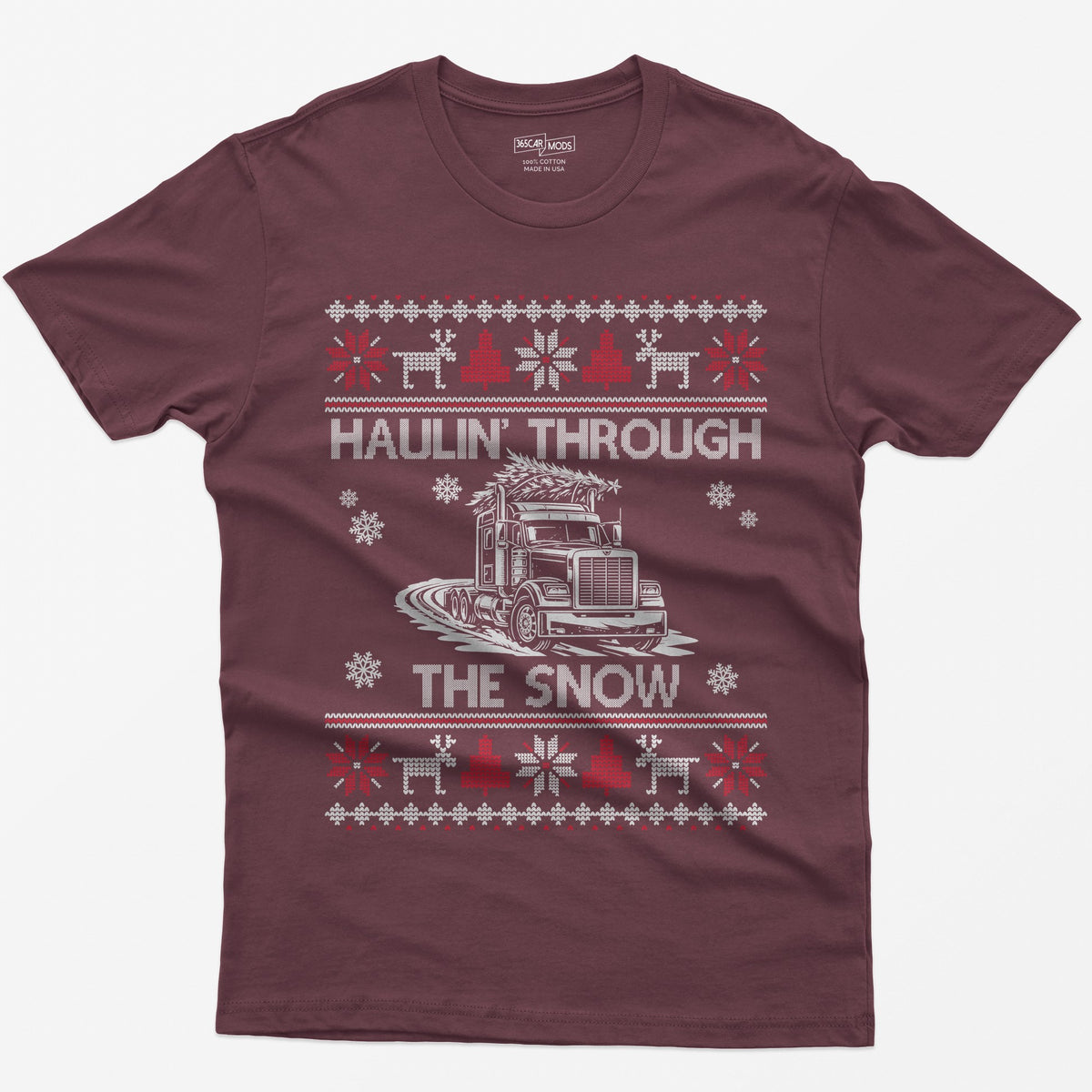 Haulin' Through the Snow Big Rig Christmas T-Shirt - Maroon