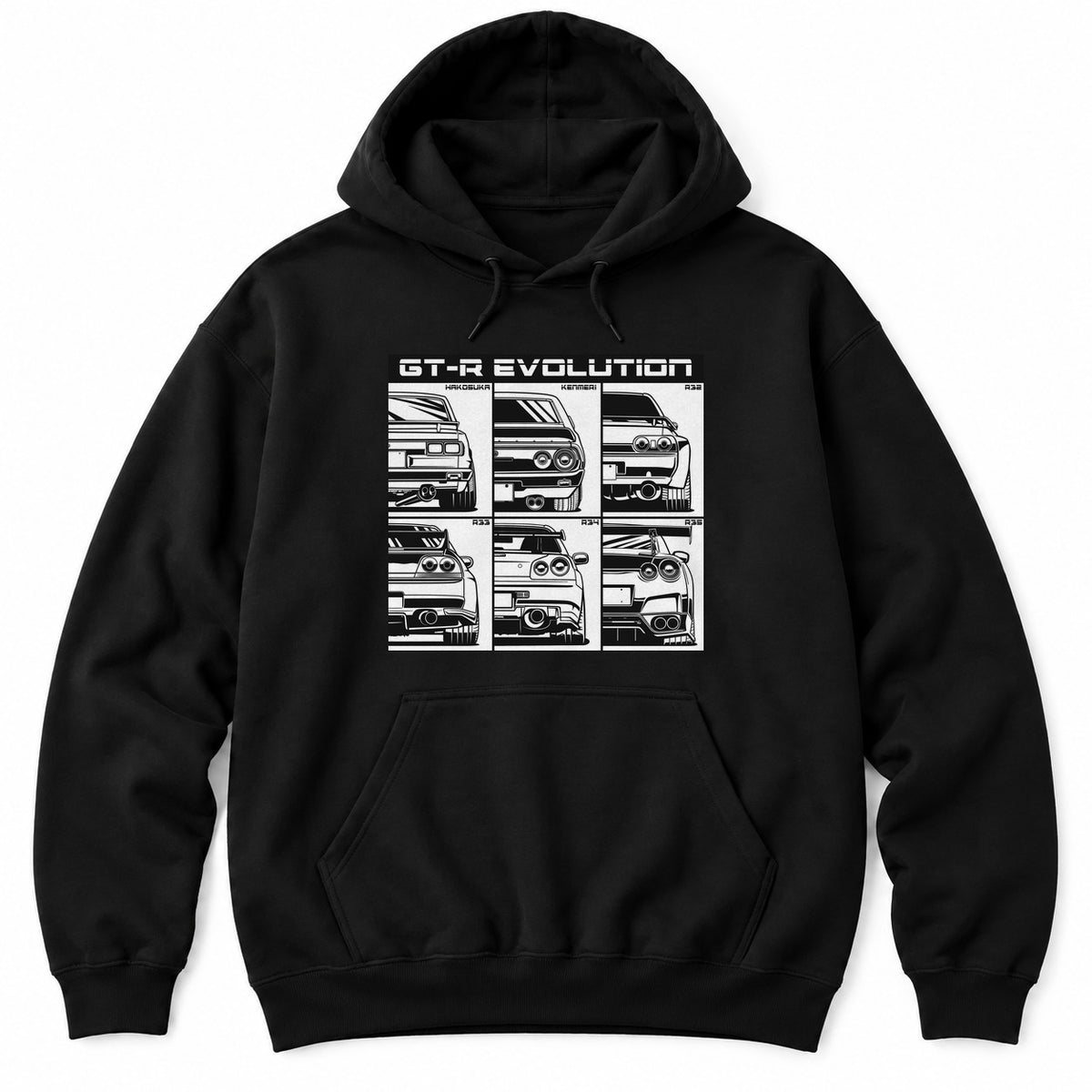 Black hoodie with a six-panel grid of black and white rear-view line drawings of JDM sports car generations